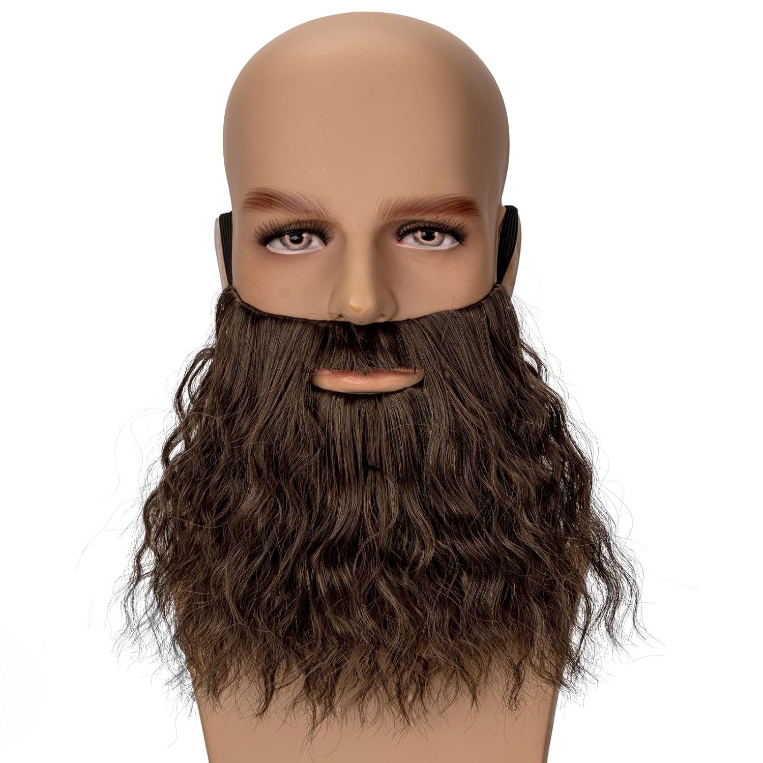 Mens Long Brown Cosplay Wigs Curly Hair Wig with Beard Mustaches for Halloween Cosplay Party Costume Wigs