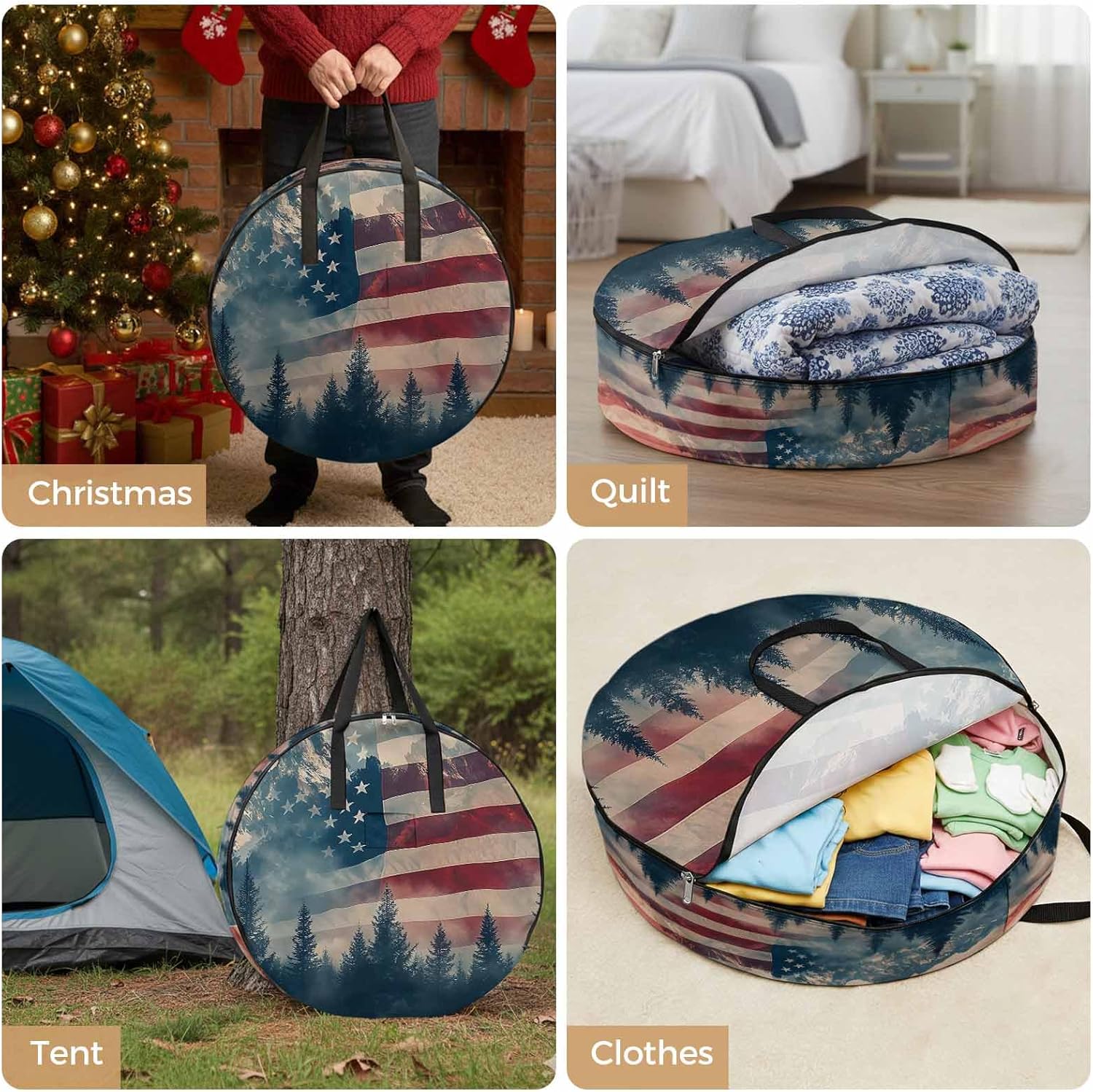 Independence Day Round Storage Bag 36 Inch, Mountain Forest American Flag Clothes Storage Container with Handles Heavy Duty Organizer for Comforter, Bedding & Holiday Wreaths
