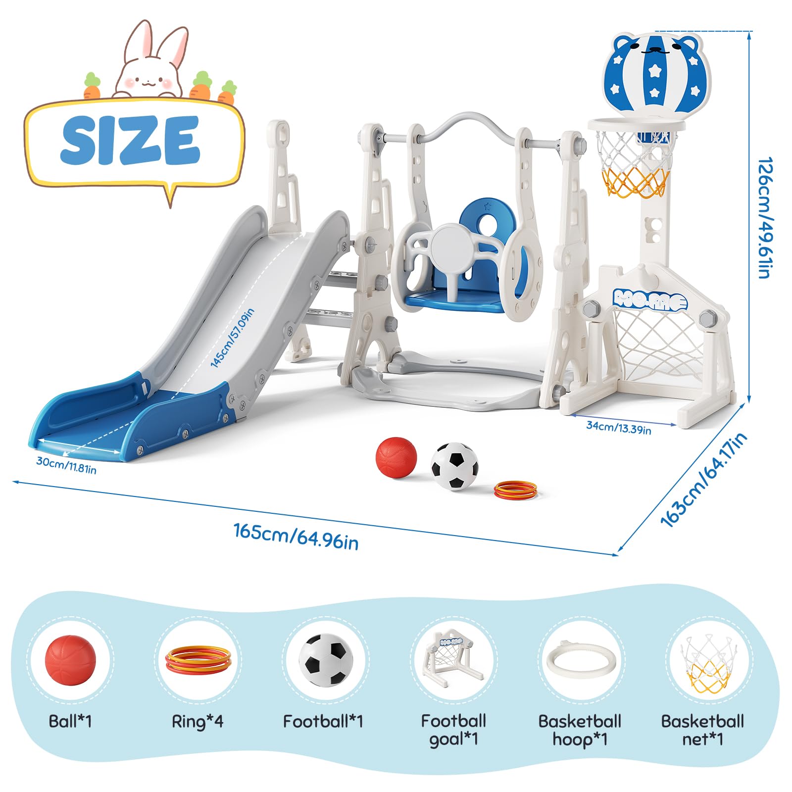 6 in 1 Scivolo Autoportante per Bambini Scivolo Giocattolo con Canestro da Basket e Altalena per Interni ed Esterni Bambini Scivolo da Giardino in Plastica PP e PE für 1 Jahr und Mehr