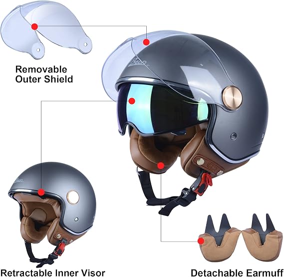 BEON Half 3/4 Face Motorcycle Helmet, DOT Approved, Retro Vintage Style, Dual Visors Mens and Womens Motorbike Casco for Moped Cruiser Bobber and Chopper