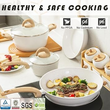 Vkoocy Non Stick Pots and Pans Set, Healthy Ceramic Cookware Set, 12pcs Kitchen Cooking Pots and Frying Sauce Saute Pans Set, PFAS-Free with Kitchen Utensils and Lid, Pink