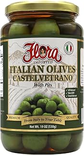 Flora Foods Italian Olives Castelvetrano with Pits | Sicilian Olives | 19 oz (530g) | 100% Italian | All Natural | Non GMO | Fresh Harvest