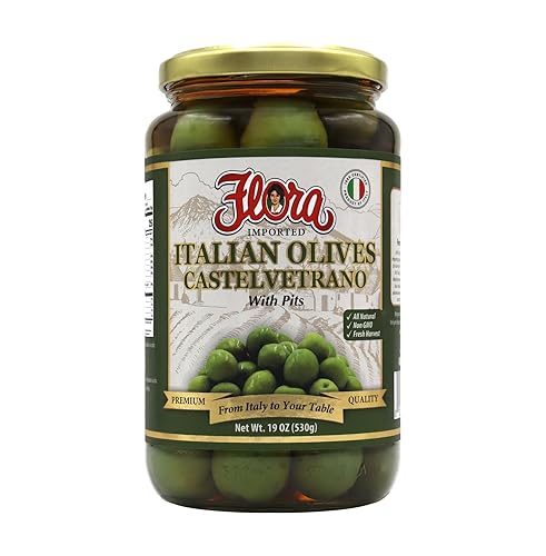 Flora Foods Aceitunas italianas Castelvetrano con hoyos | Aceitunas sicilianas | 19 oz (530g) | 100% italianas | Todo natural | Sin OMG | Cosecha