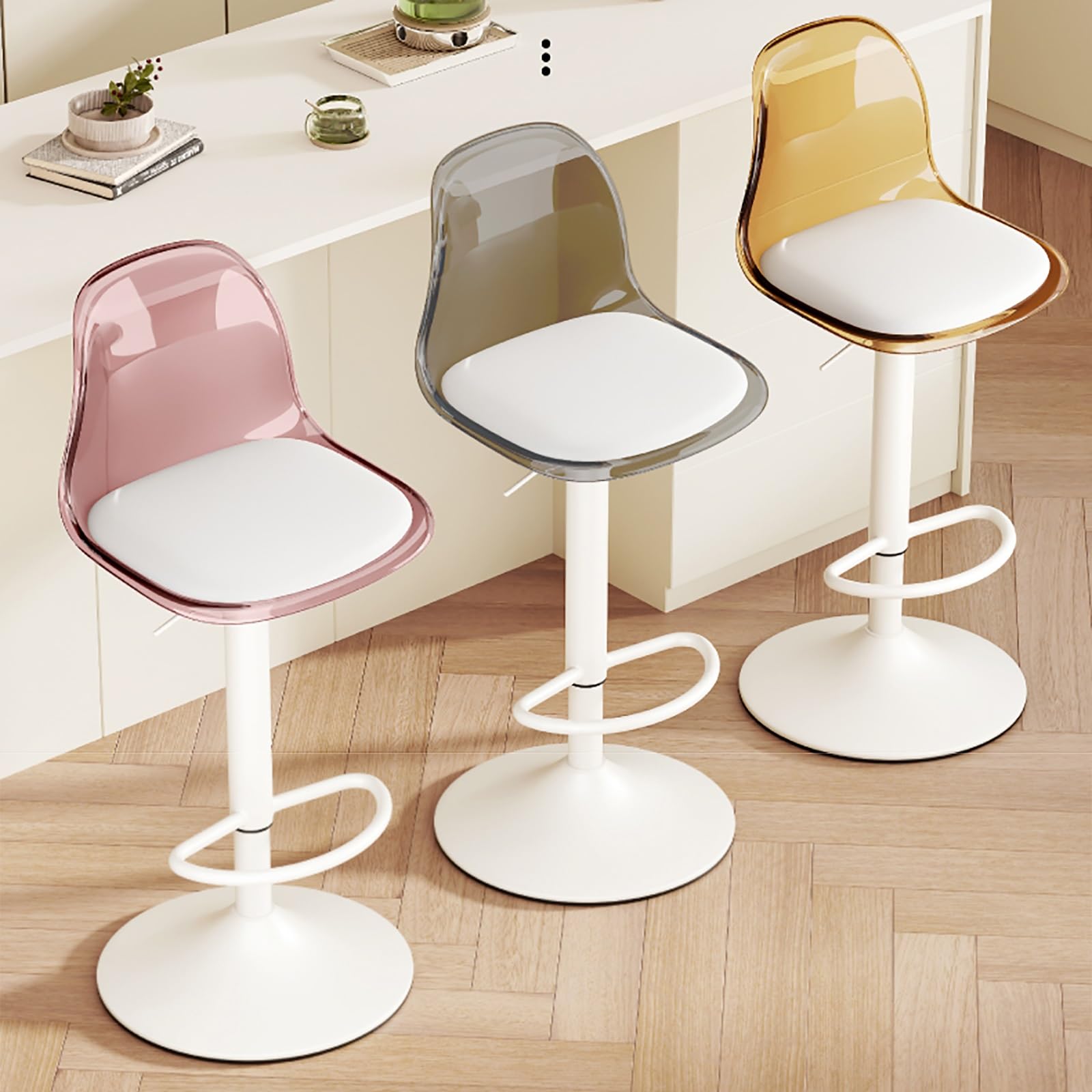 2er Set Barhocker aus Acryl, höhenverstellbar mit C-Rücken, transparentes modernes Design, Metallbeine, kleines PU-Kissen für Küche, Esszimmer, Bar (Grau)
