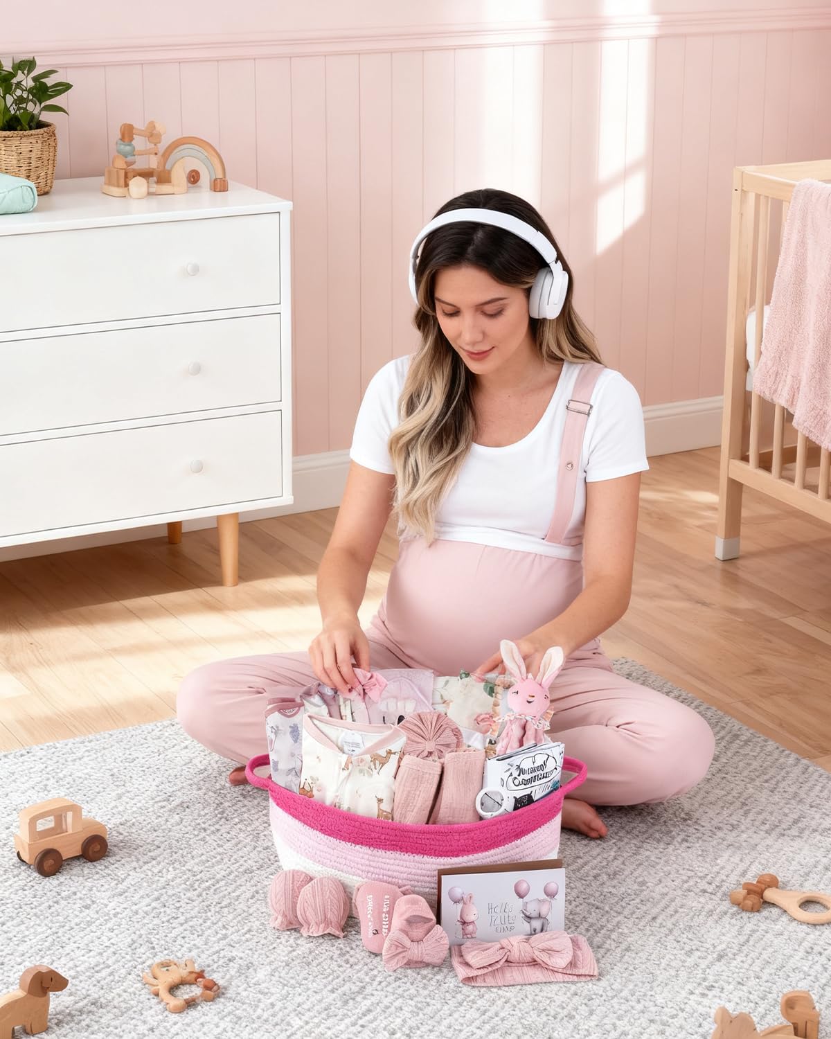 22-Pcs Baby Girl Gift Basket Set, Pink (0-12M Newborn) | Premium Baby Shower Gifts for Girls: Newborn Essentials Set in Woven Basket with Balloon & Bow, Ultimate Welcome Baby Package