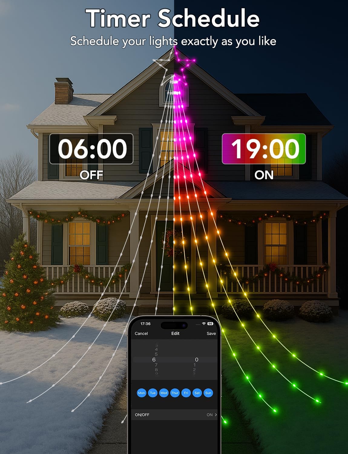 Popotan 16.4FT 317LED Christmas Lights Outdoor with Star, APP RGB Waterfall Tree String Lights, DIY Music Sync Timer Dimmable Modes, Smart Fairy Christmas Lights for Holiday Yard & Garden Decoration