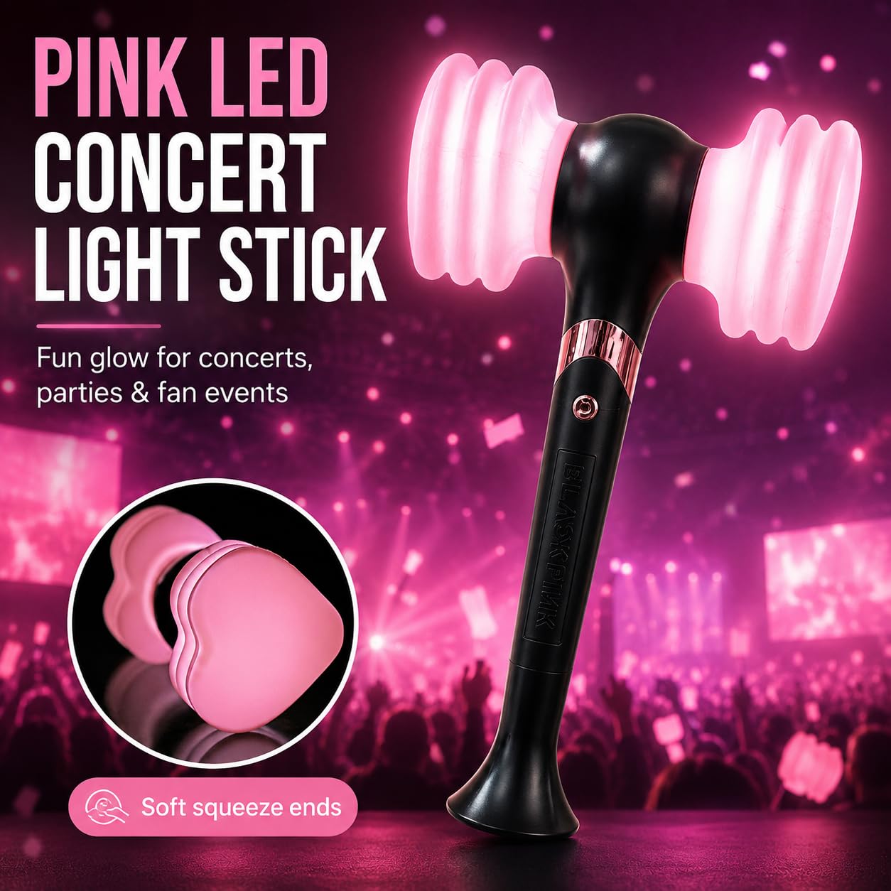 Bastone Luminoso LED Rosa, Forma Martello, 25,5 x 15,5 x 9 cm | Estremità morbide in silicone, manico ABS, richiede 2 pile AAA, foro cinturino, circa 148 g