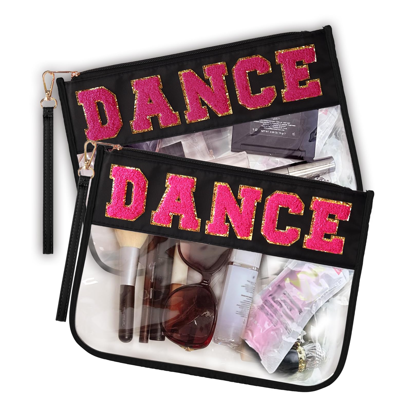 RolenBox 2PCS Dance Makeup Bag Ballet Competition Accessories Chenille Letter Preppy Patch Cosmetic Bag Flat Clear Toiletry Waterproof Zipper Pouch