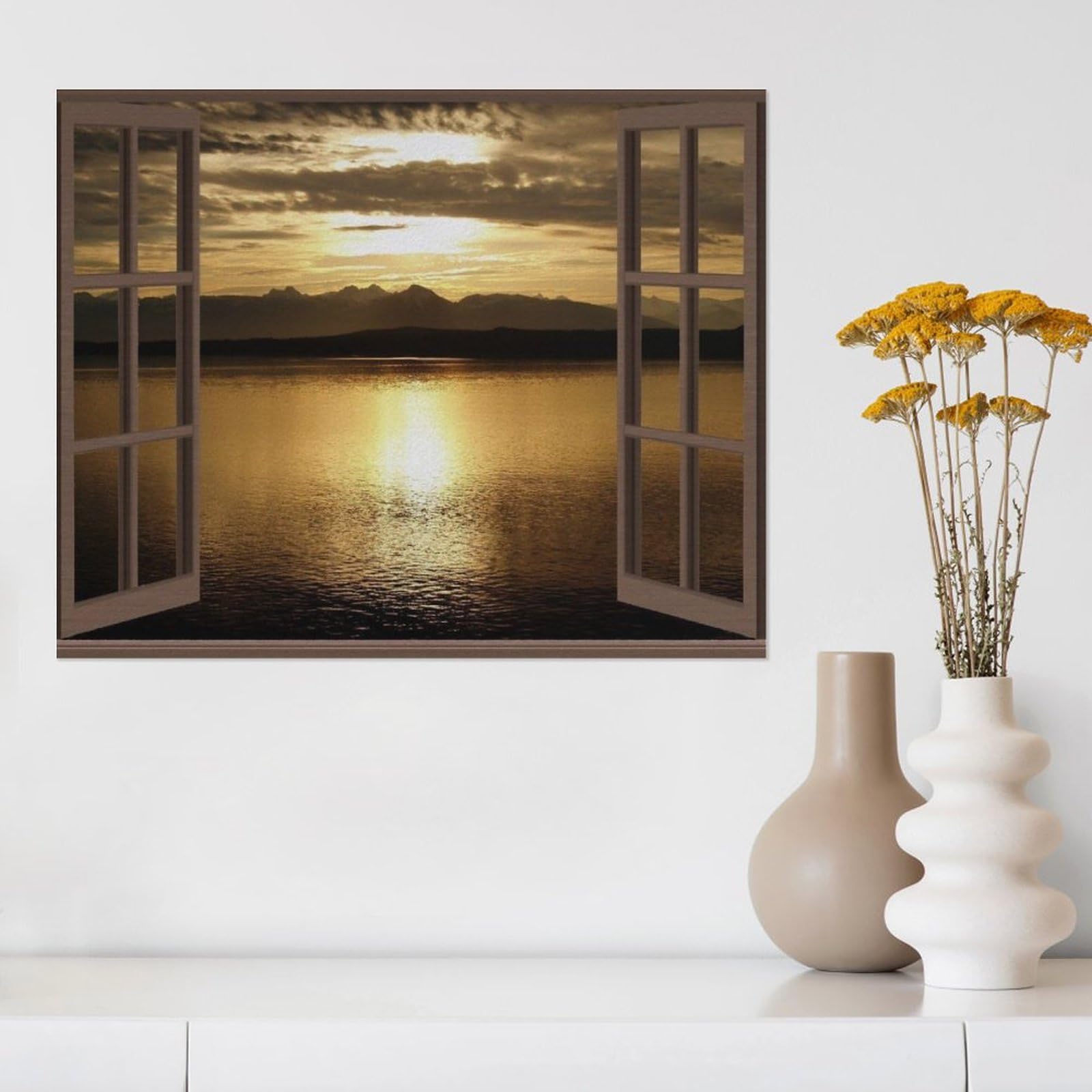Amazon.co.jp: 絵画 窓の外の湖の夕日インテリア 絵画 キラキラ輝く湖