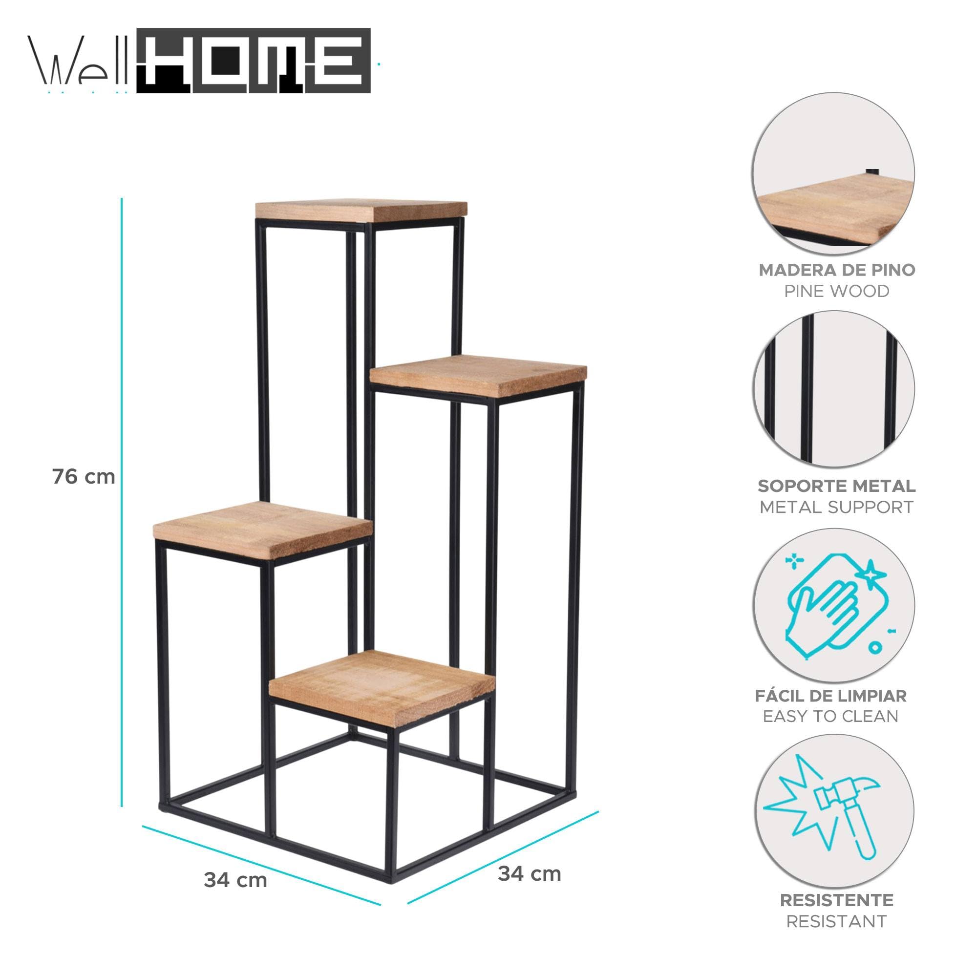 Well Home Étagère vase en métal avec 4 étagères en bois 34 x 34 x 76 cm