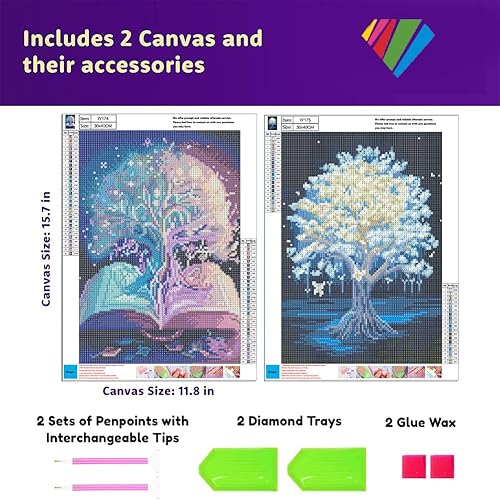 Miniatura 3 de Kit de pintura de diamante 5D de 2 piezas para adultos, arte de diamantes, árbol blanco de la vida, pintura de diamantes de imitación de taladro