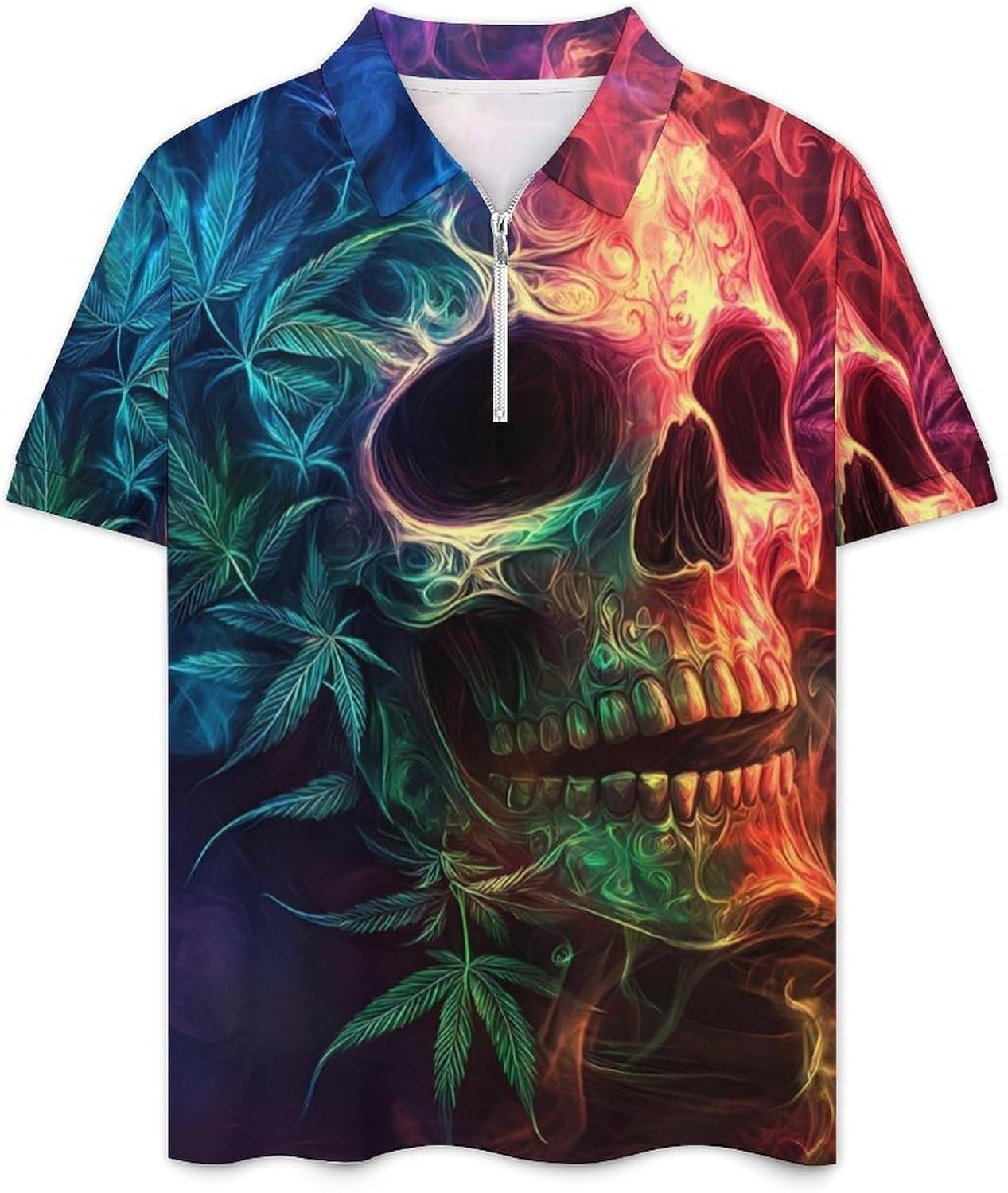 Skull Weed Leaf Smoke Mens Polo Shirts Track Suits 2 Piece Short Sleeve Sweatsuit 1/4 Zip Golf Loungewear for Sports