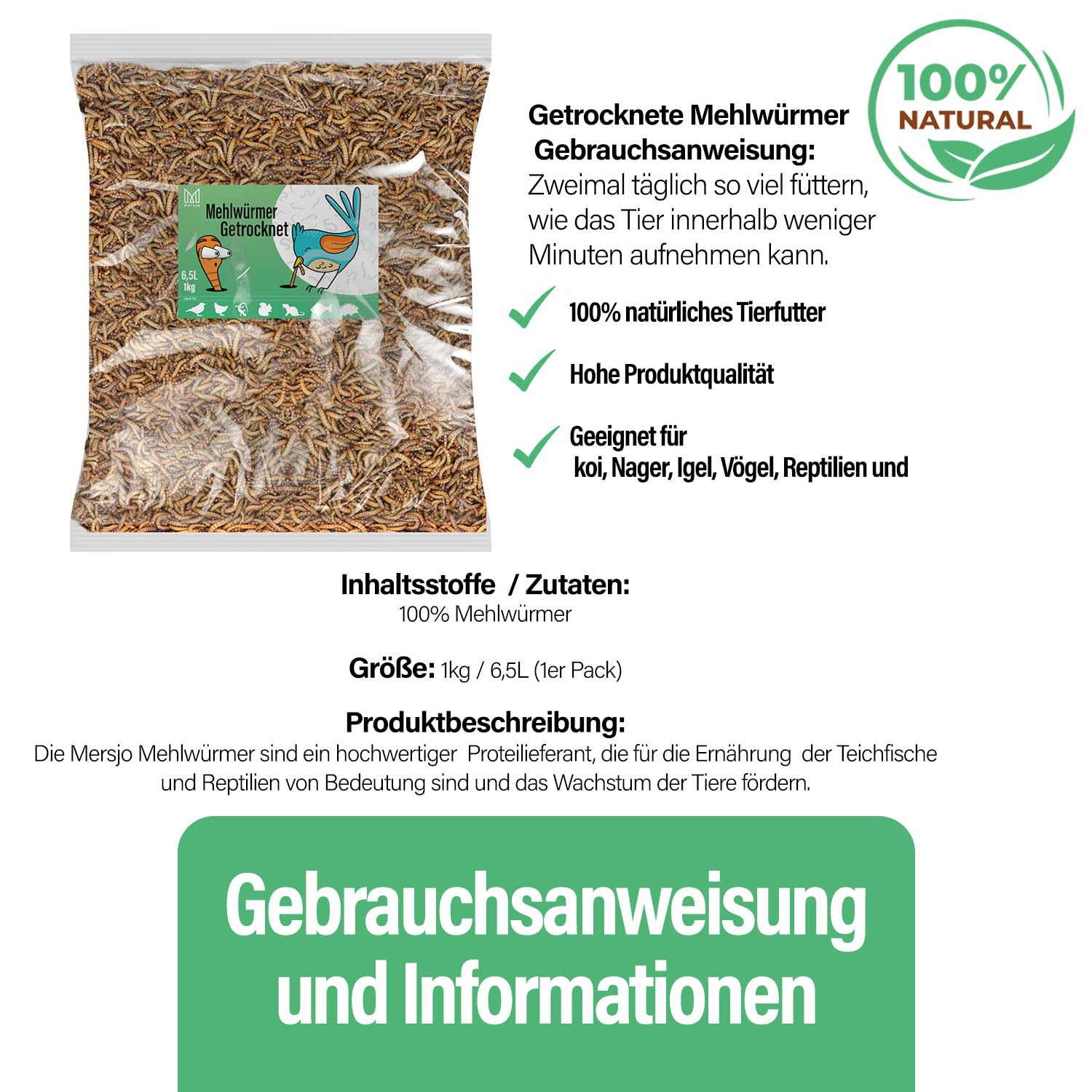 Mączniaki suszone, 1 kg, 6,5 l, naturalna karma dla dzikich ptaków przez cały rok, karma dla ryb, staw, wysoka zawartość białka, kwasy tłuszczowe Omega-3, neutralny zapach, niska zawartość