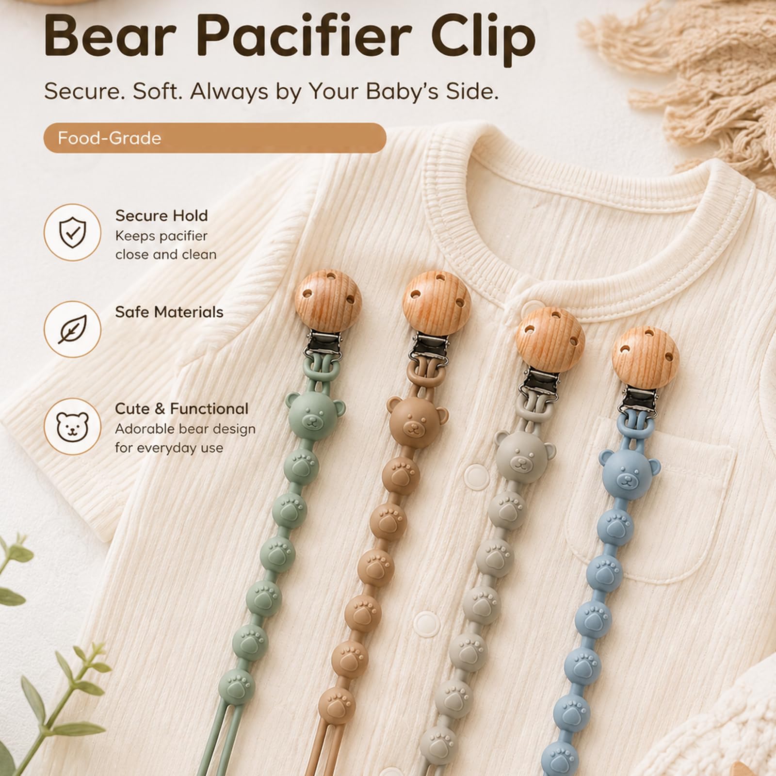 Dummy Clip, 4-Pack Soother Clips with Mam Dummies Compatibility, Silicone Pacifier Clips for Daily Use, Blue Light Grey Green Earth Tones Assortment — view 6