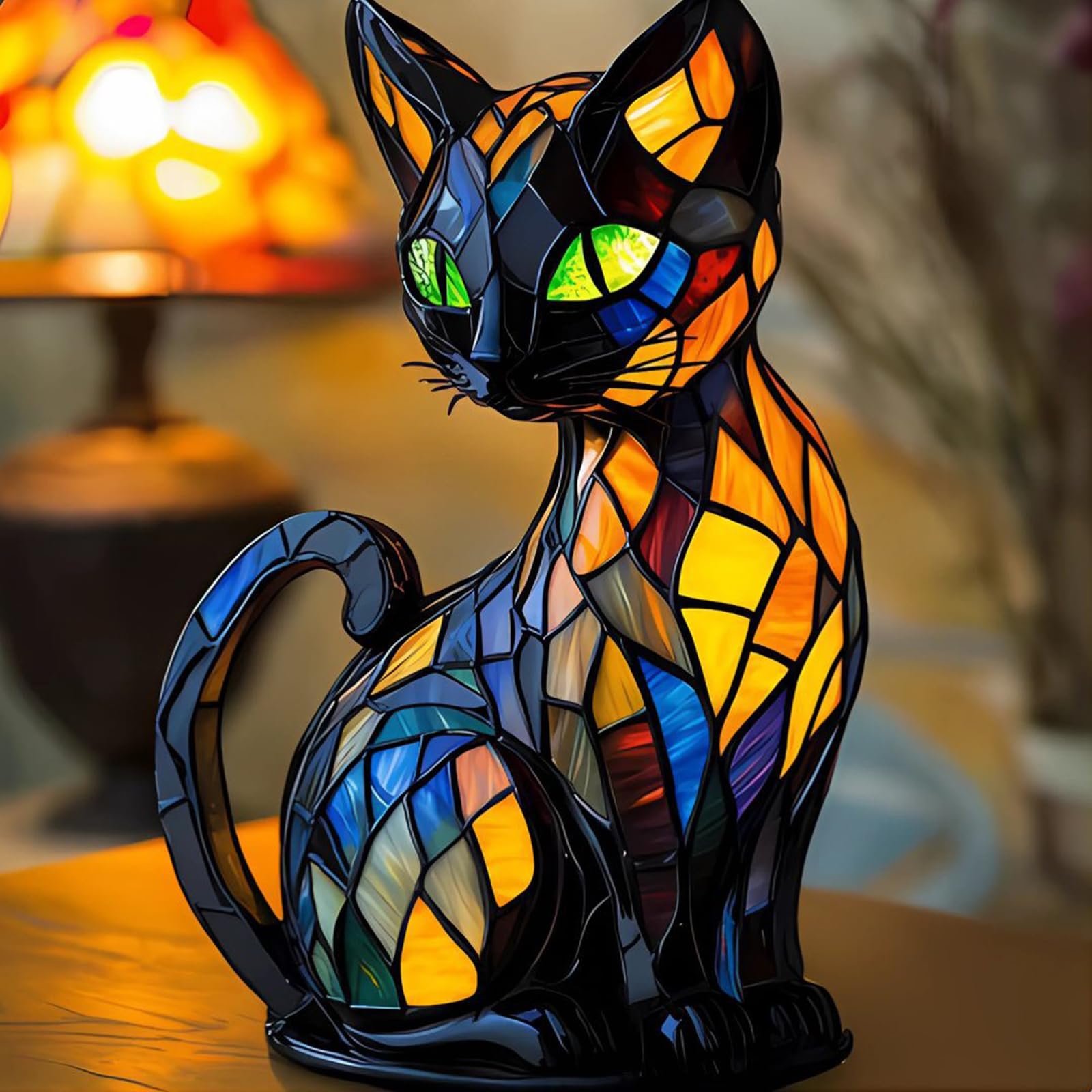 lampe chat vitrail,lampe en forme de chat,cat lamp mosaic,lampe de table en vitrail représentant un chat,katzenlampe mosaik,lampe à vitrail d'animaux,lampe chat led,lampe de table animale-A