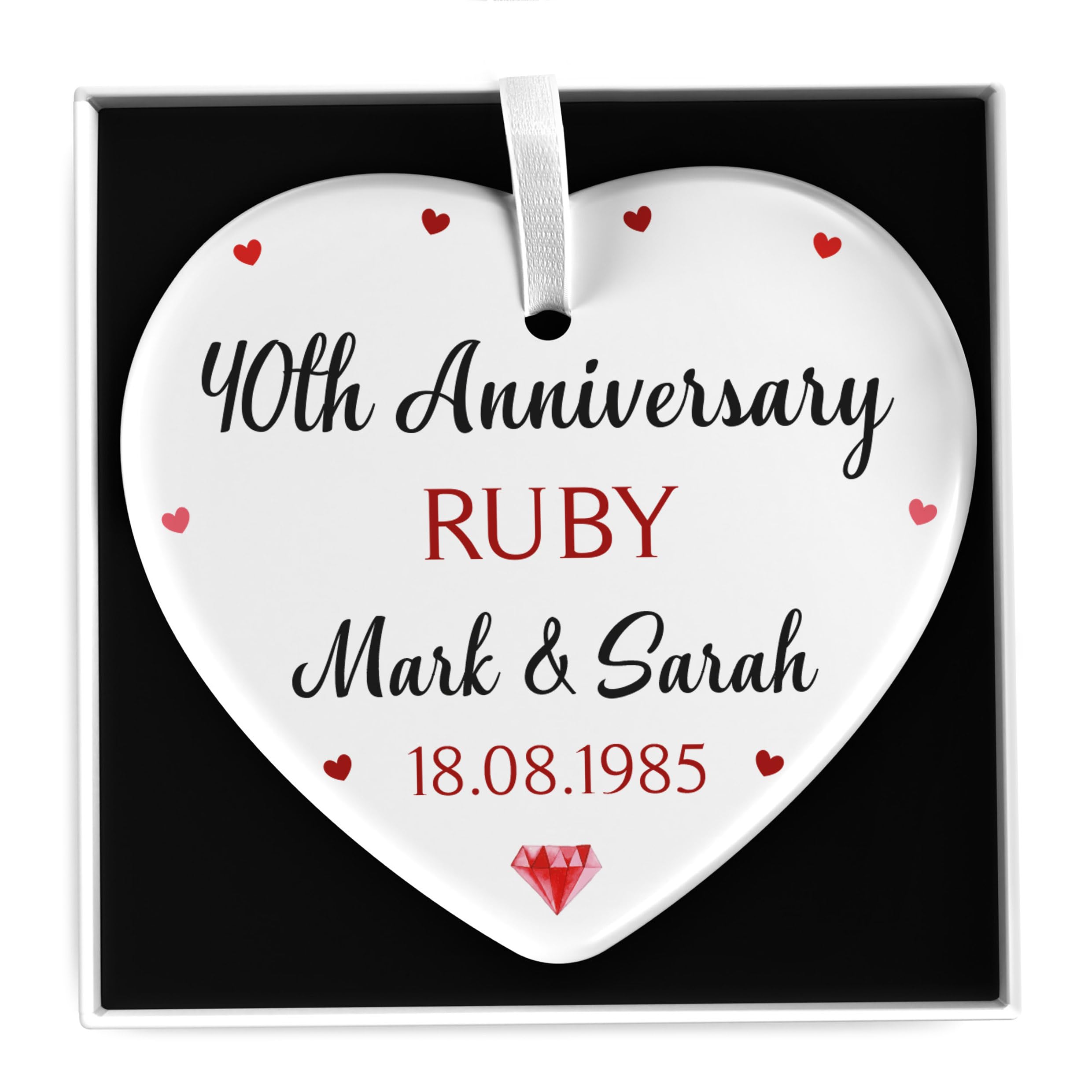 Beecreative 40th Ruby Anniversary Gifts For Husband, Wife, Mum and Dad Personalised - 40 Years Anniversary - Ruby Wedding Anniversary Keepsake - Ceramic Ornament With Gift Box