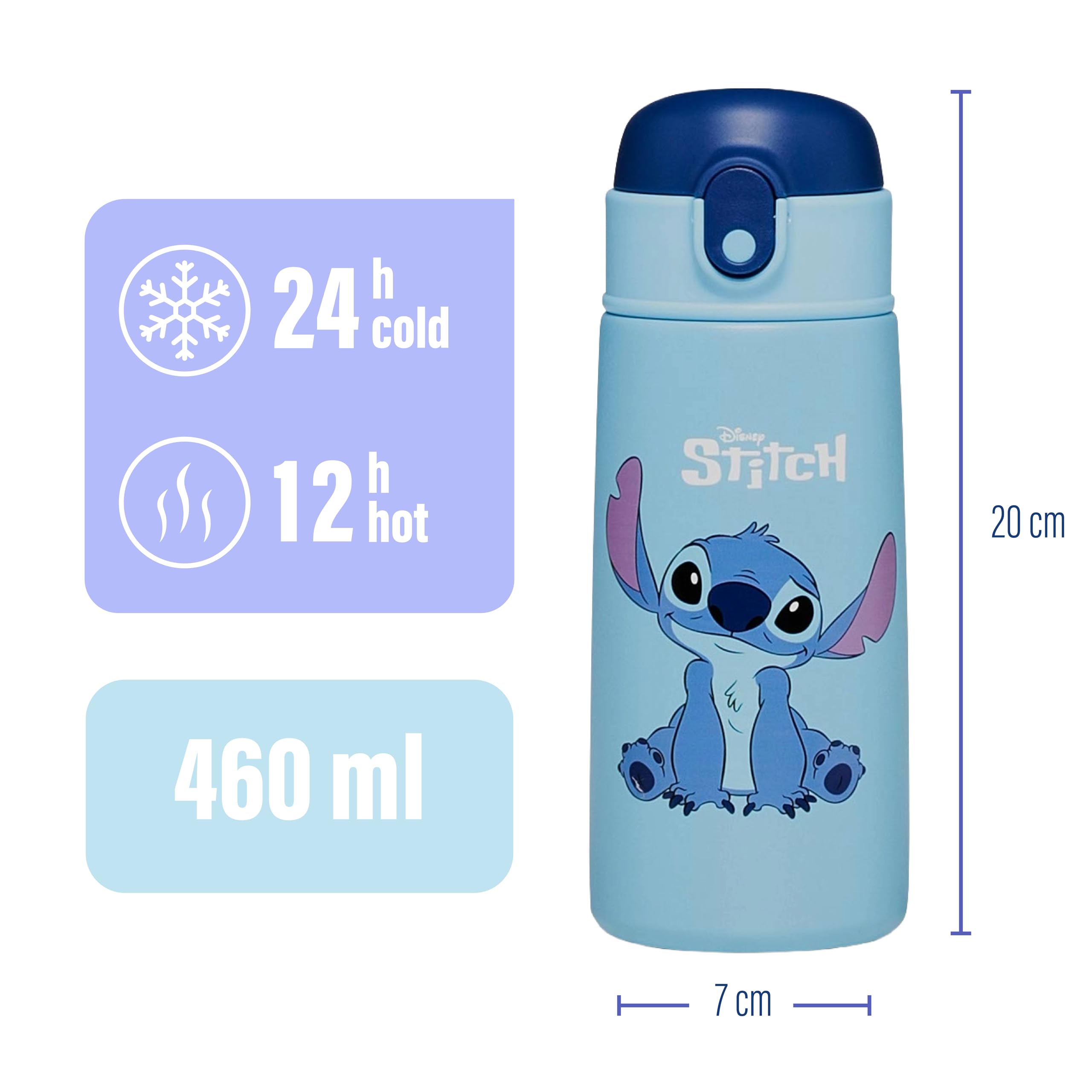Seven Borraccia LILO & STITCH, Blu - Borraccia per Bambini con Cannuccia 460 ML - Borraccia Asilo, Scuola Elementare - Acciaio Inox Interno Esterno, Mantenimento Temperatura fino a 24h