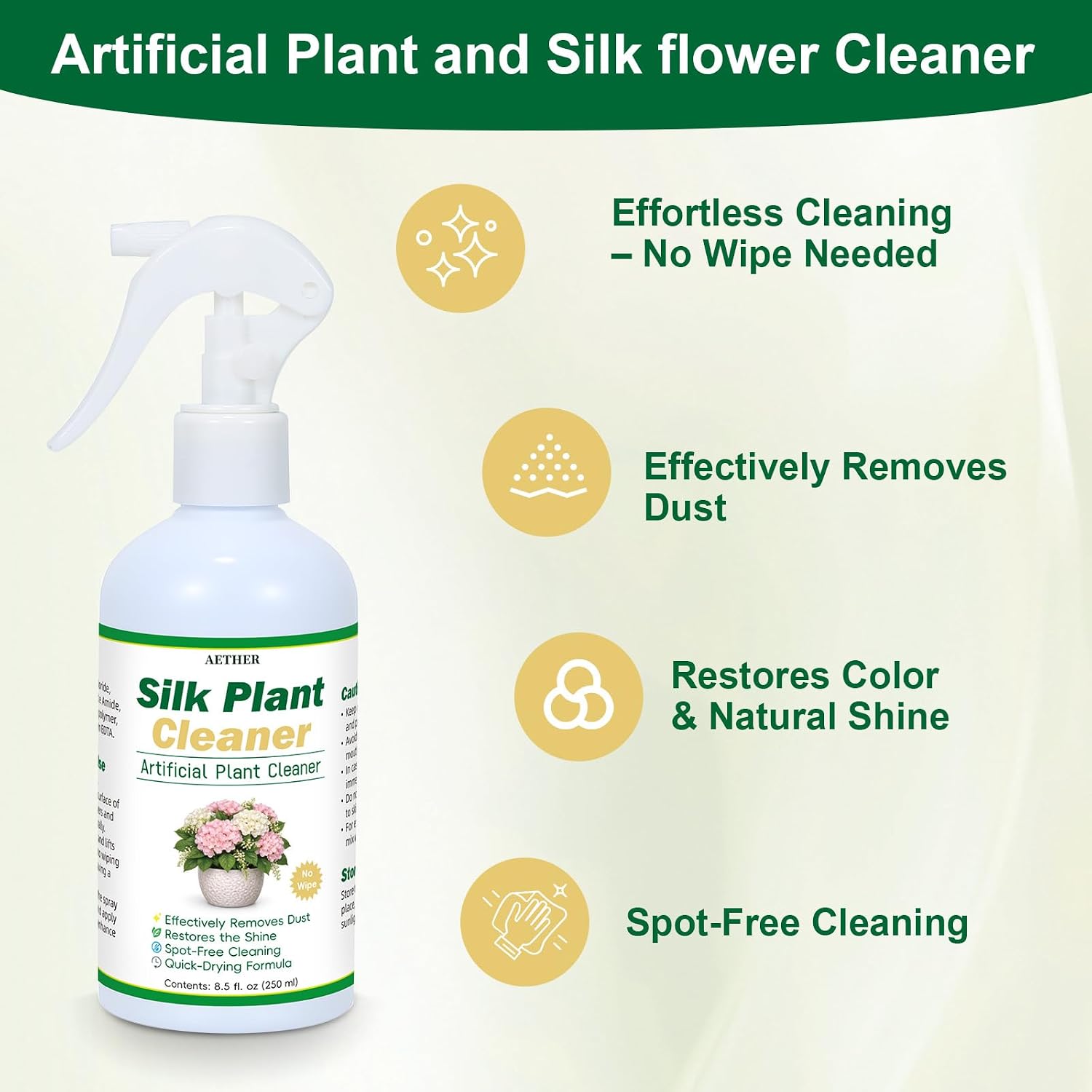 AETHER Silk Plant Cleaner Spray No Wipe, Artificial Plant Cleaner for Fake Plants & Flowers, Quick-Dry Dust Remover for Silk Flowers, Restores Shine Spot-Free Fake Greenery Plant Cleaning Spray image 2