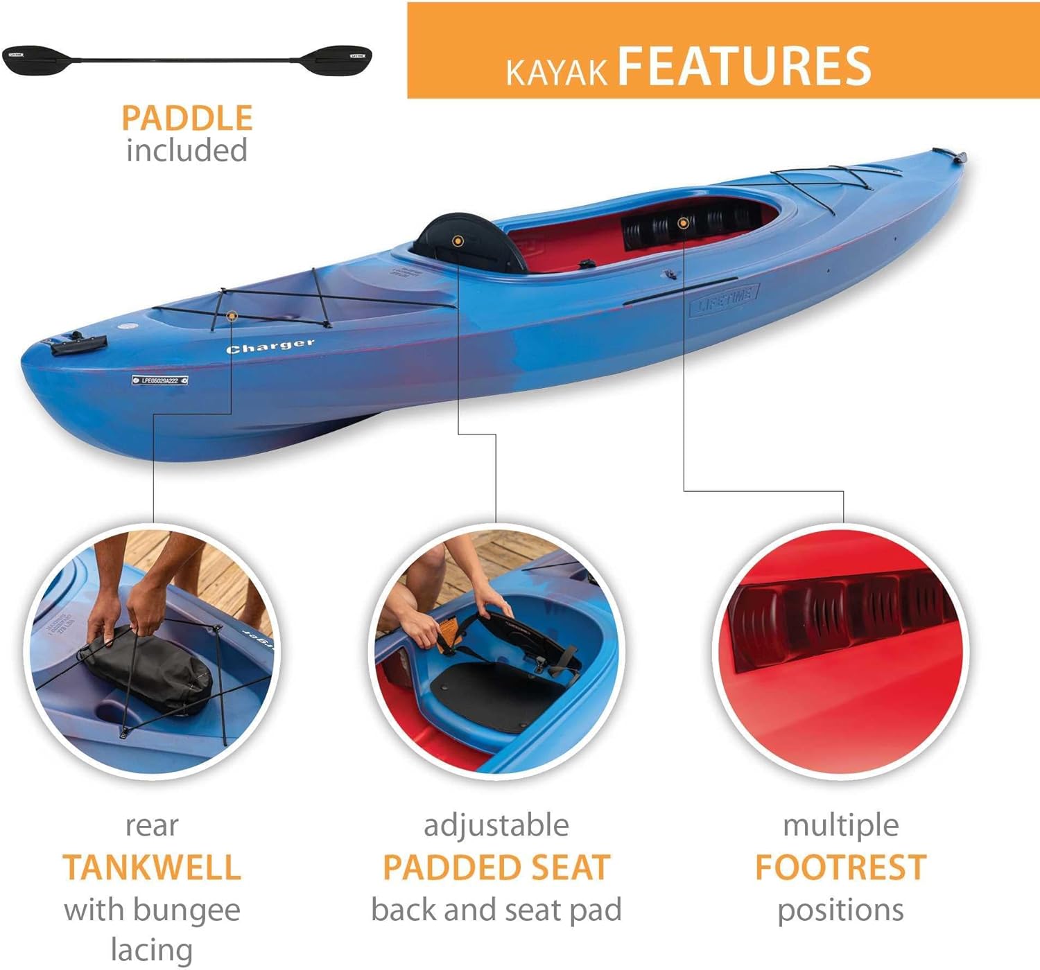 Lifetime Charger 100 Sit-in Kayak, Paddle Included, 10-Foot