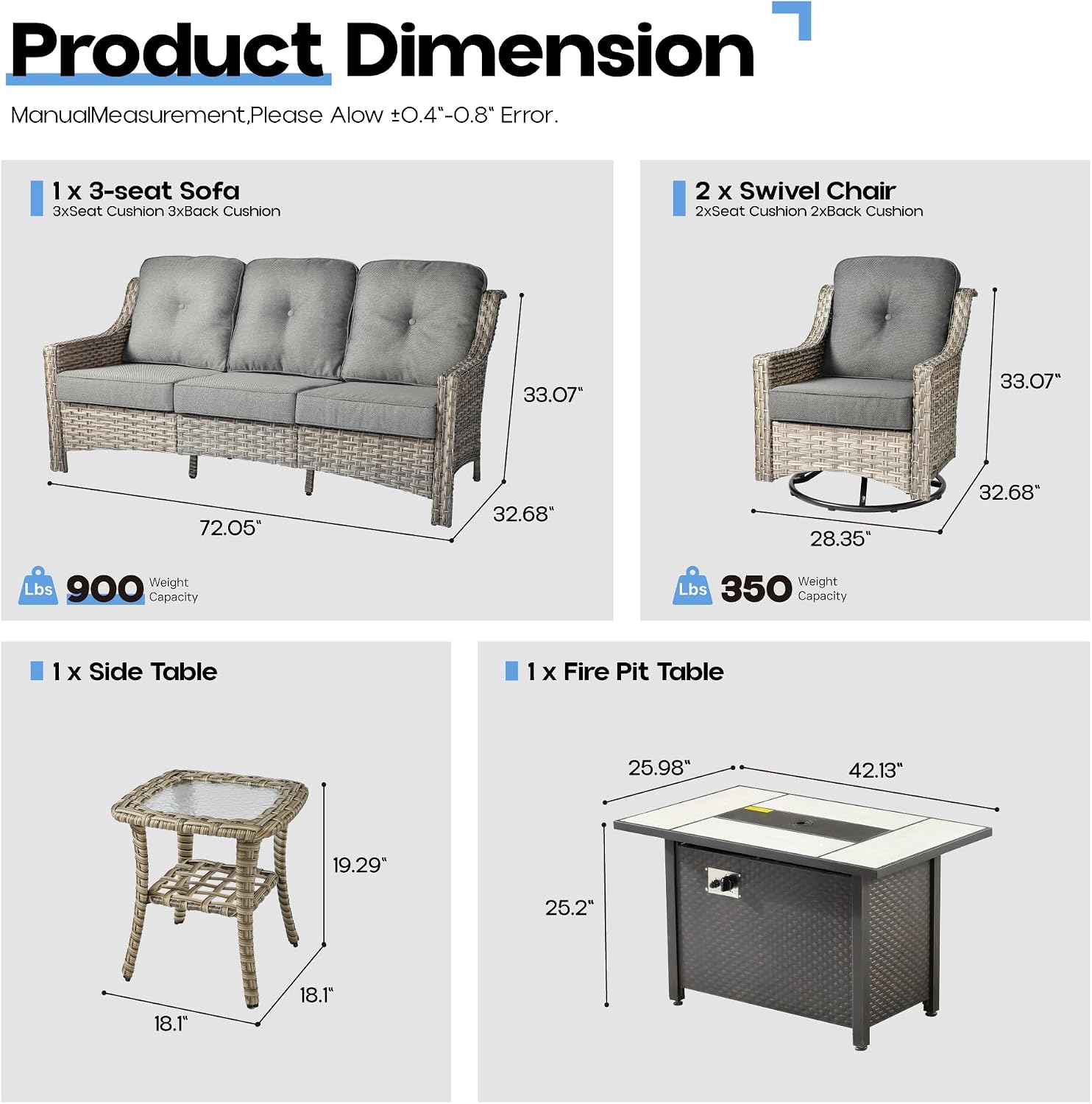 Outdoor 5 Pieces Coversation Set with 42" Fire Pit Table, Patio Furniture High Back Couch with Swivel Rocking Chair, Rattan Wicker 3-Seater Sofa for Porch Balcony Backyard,Dark Grey