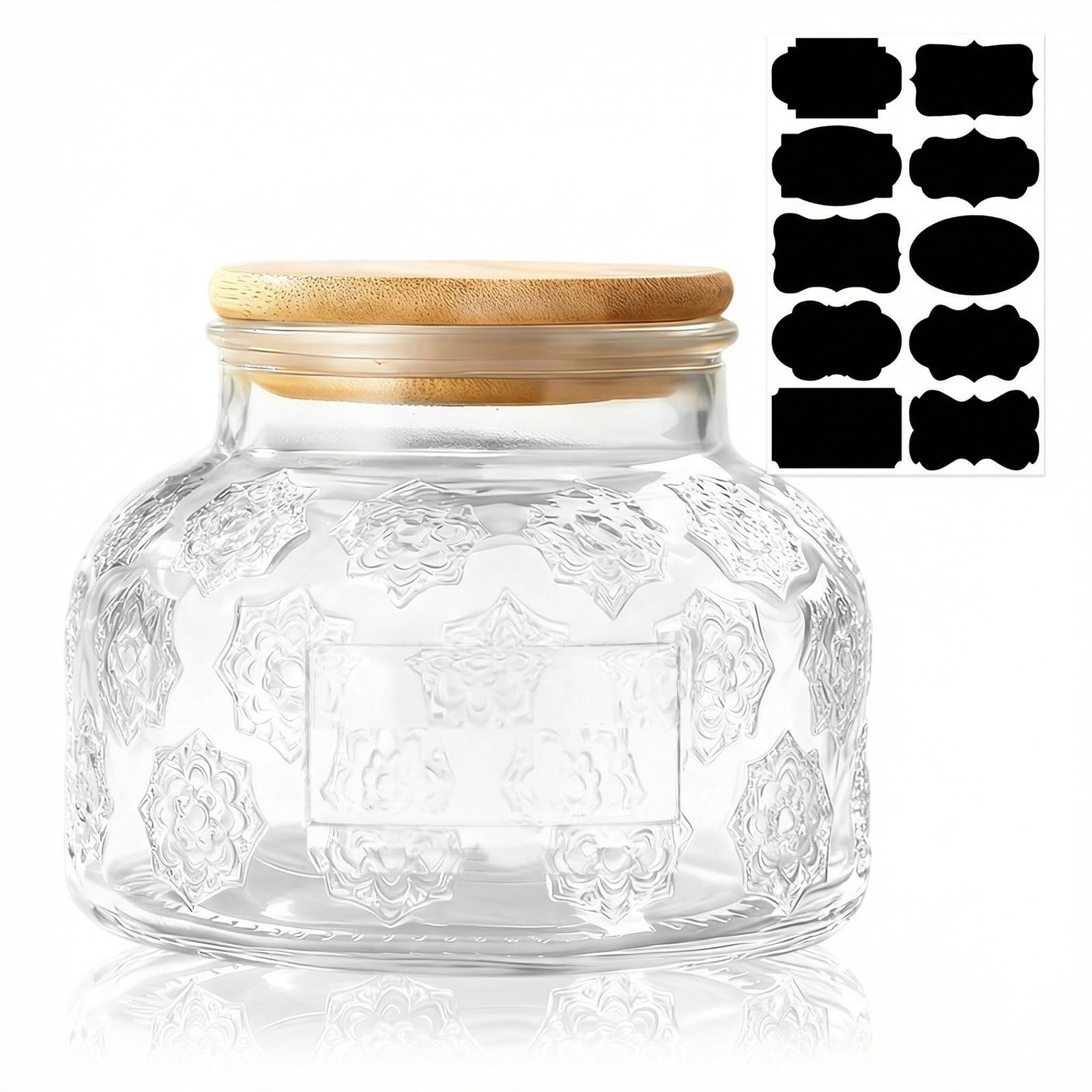 Retro Glass Jar with Bamboo Lid - 750 ML Airtight Canister with Label for Kitchen Pantry Bathroom, Decorative Storage Container for Sugar, Bath Salt, Coffee, Tea, Oats, Candy, Cookie, Morning Glory