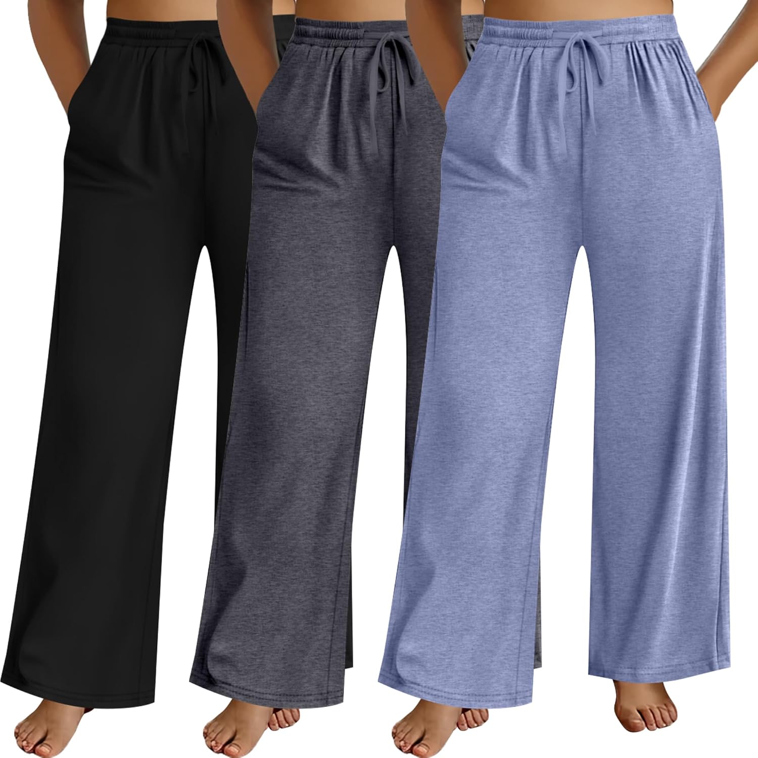 Neer 3 Pack Women's Plus Size Pants Wide Leg Lounge Yoga Pants Casual Baggy Drawstring High Waist Sweatpants with Pockets