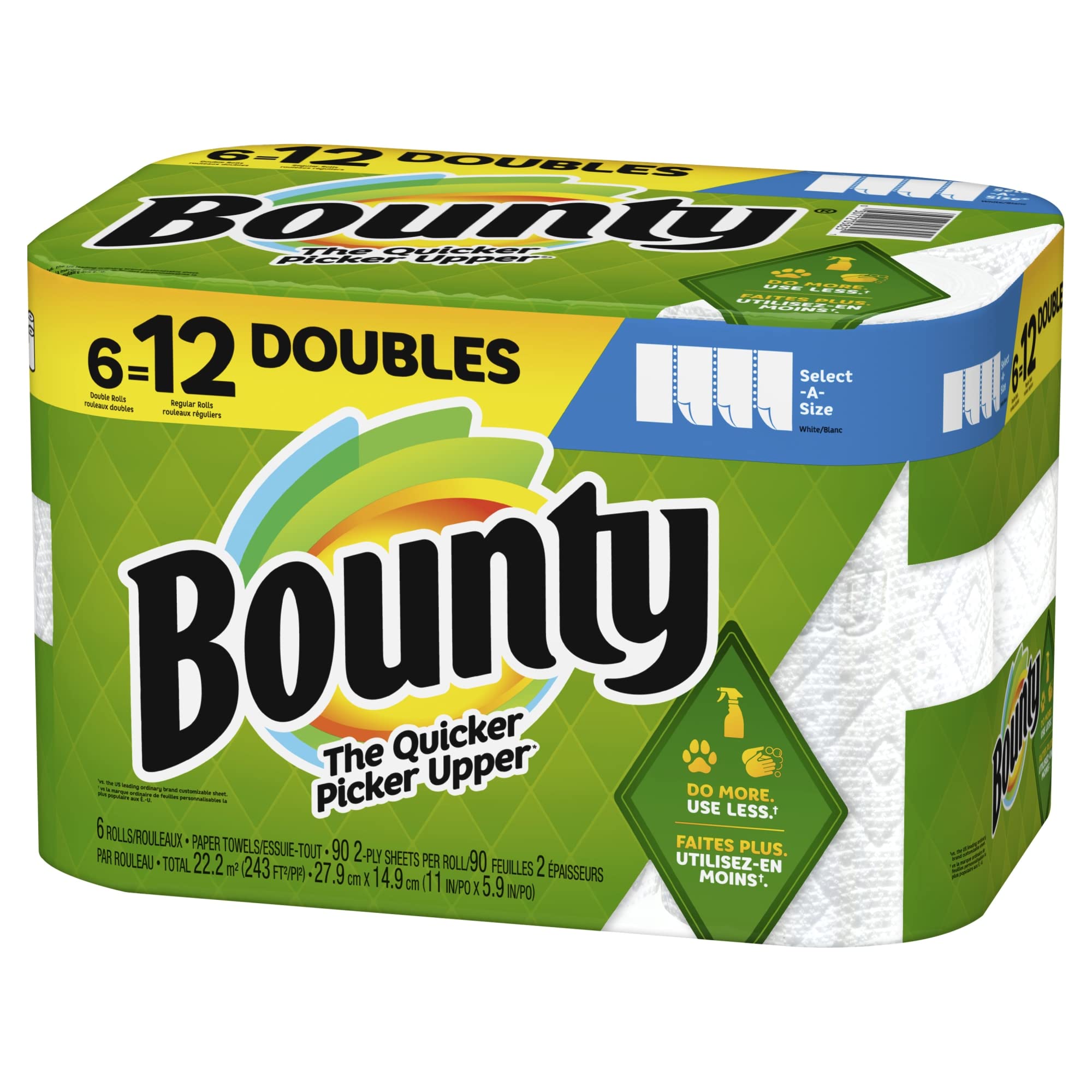 Bounty Select-A-Size 2-Ply Paper Towels, Double Rolls, 6" x 11", White, 90 Sheets Per Roll, Pack Of 6 Rolls