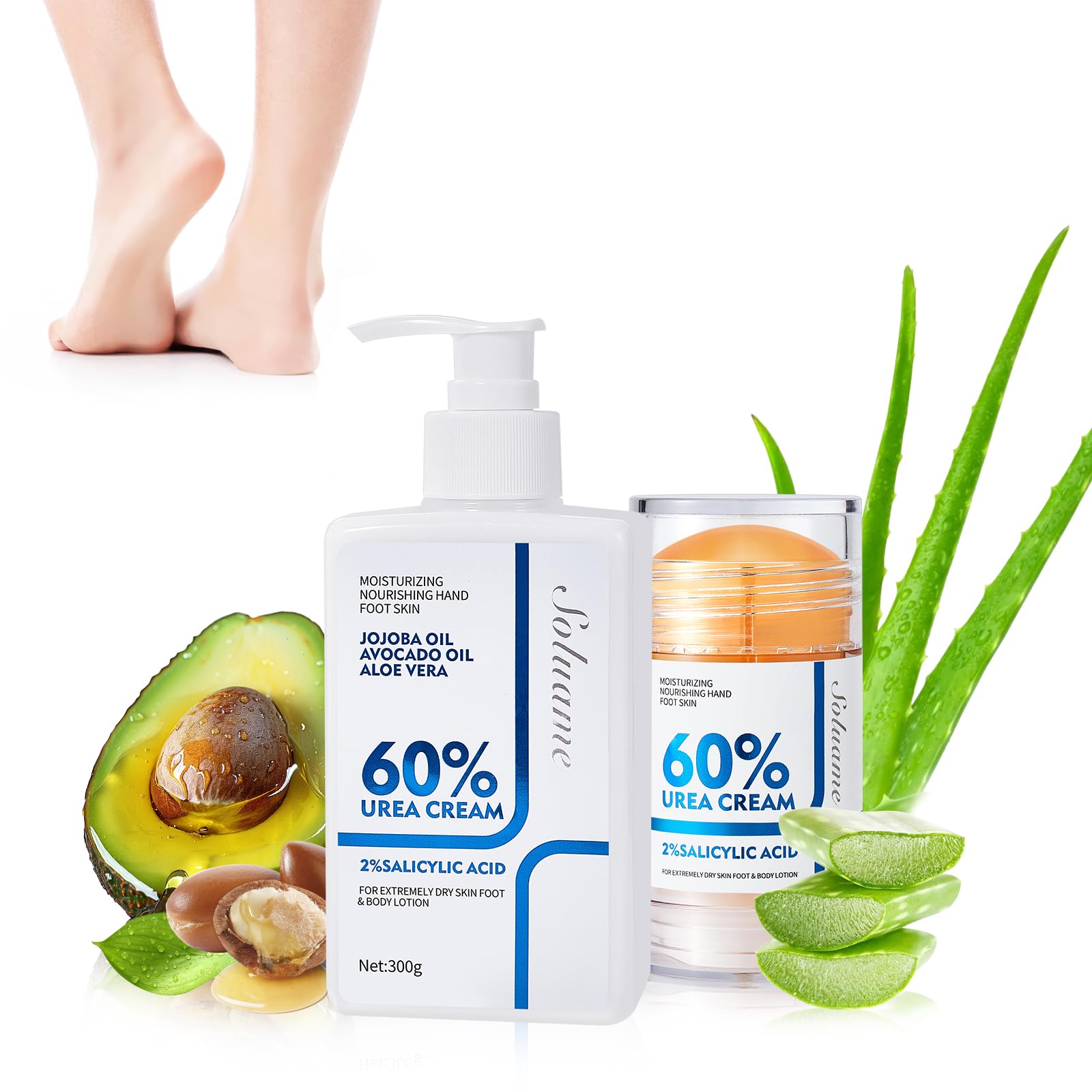 Urea Bodylotion/Fußcreme mit 60% Urea Plus 2% Salicylsäure, Fusscreme Tiefenwirksame Feuchtigkeitspflege mit Schneller Absorption, Bodylotion Trockene Haut, Harnstoff-Creme Hautfeuchtigkeitsset
