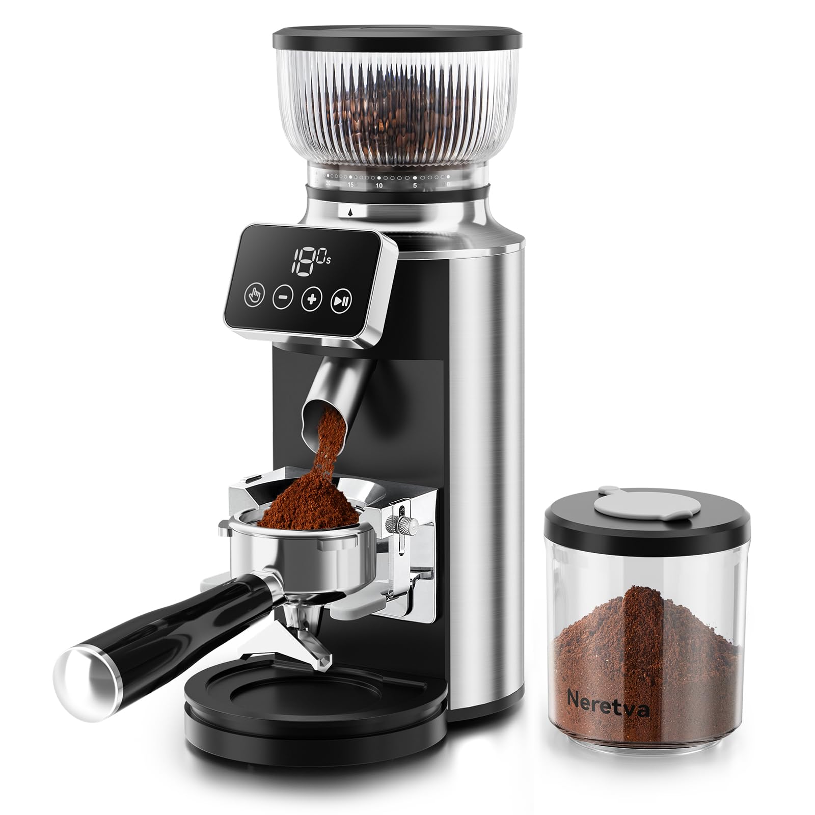 Neretva - Electric Coffee Grinder, 2 in 1 Stainless Steel Coffee Grinder with Portafilter Base, Coffee Bean Grinder, 30 Precise Settings and LED Control Panel for Espresso, Mocha,
