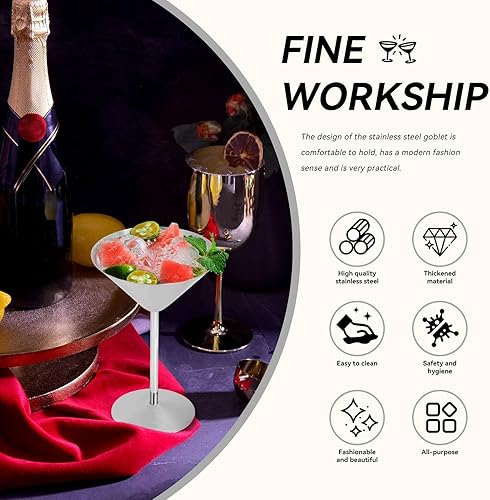 Miniatura 5 de Juego de 2 vasos de Martini de acero inoxidable, vasos de Martini irrompibles, copas de cóctel de metal, copas de champán elegantes copas de cóctel