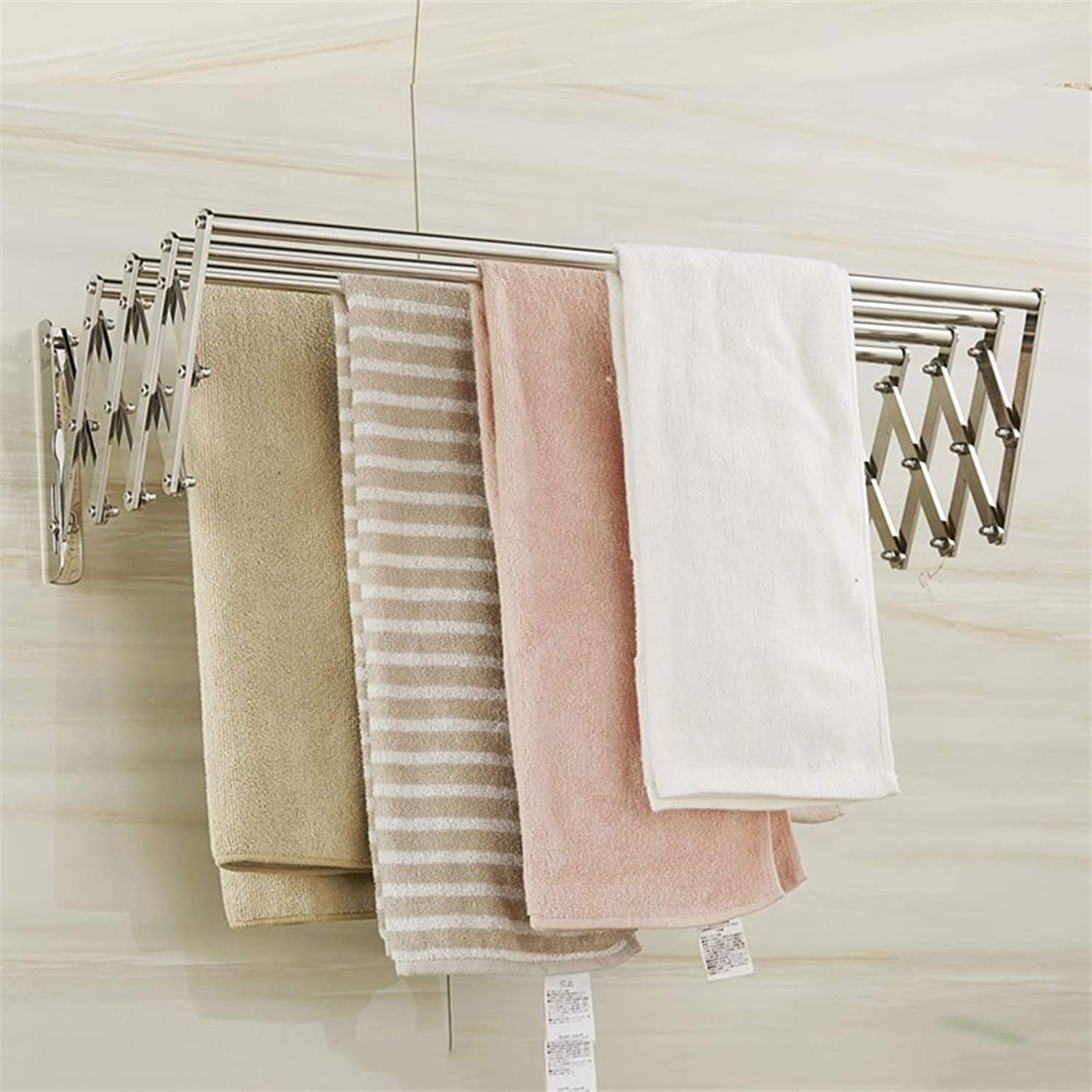 Wandmontierter Wäscheständer, teleskopischer, zusammenklappbarer Handtuchhalter für Badezimmer, Wandmontage, Regal, Organizer, Aufbewahrung, Wäscheständer aus Edelstahl mit 4 Stangen, Handtuchtrockner