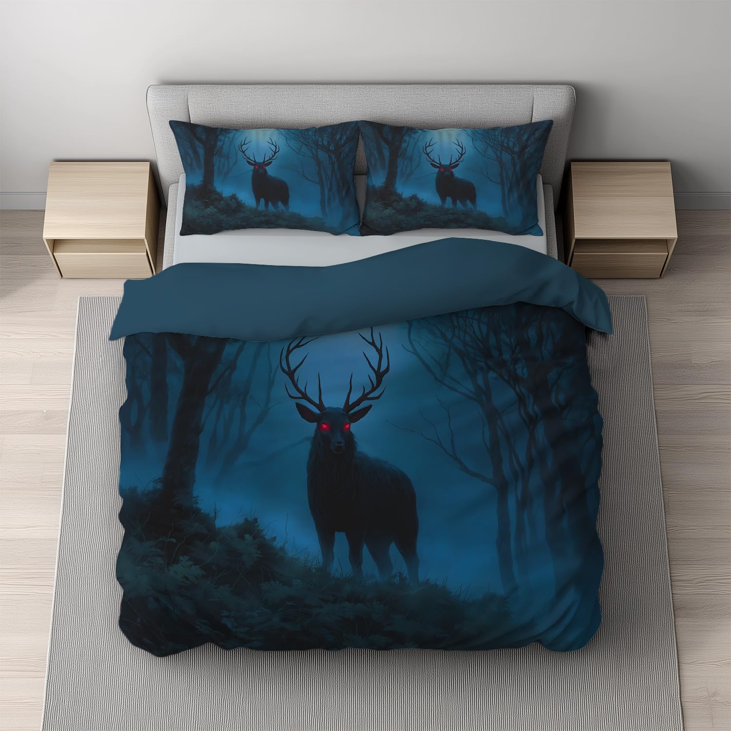 Szczotkowana poszewka na kołdrę w rozmiarze King Size 230 x 220 cm, miękka i lekka poszewka na kołdrę na zimę Wonderfsul Winter, zestaw pościeli z 4 narożnymi wiązaniami, fantasy horror, czarny jeleń