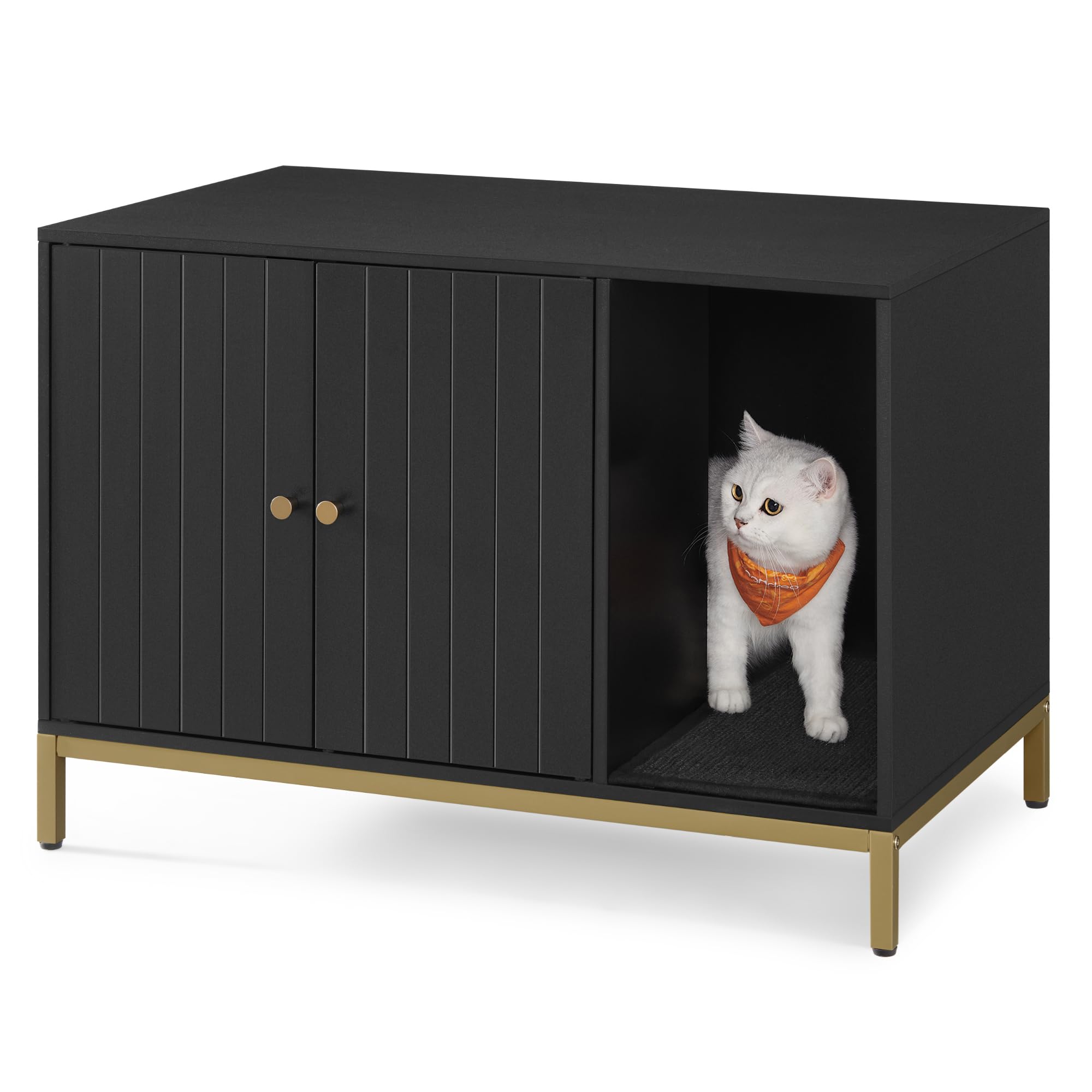 Feandrea Cat Litter Box Enclosure, Hidden Litter Box Furniture with Scratching Mat, Tall Legs, Cat House, Side End Table, 80 x 50 x 55 cm, Black and Gold PCL007B01 — image 1
