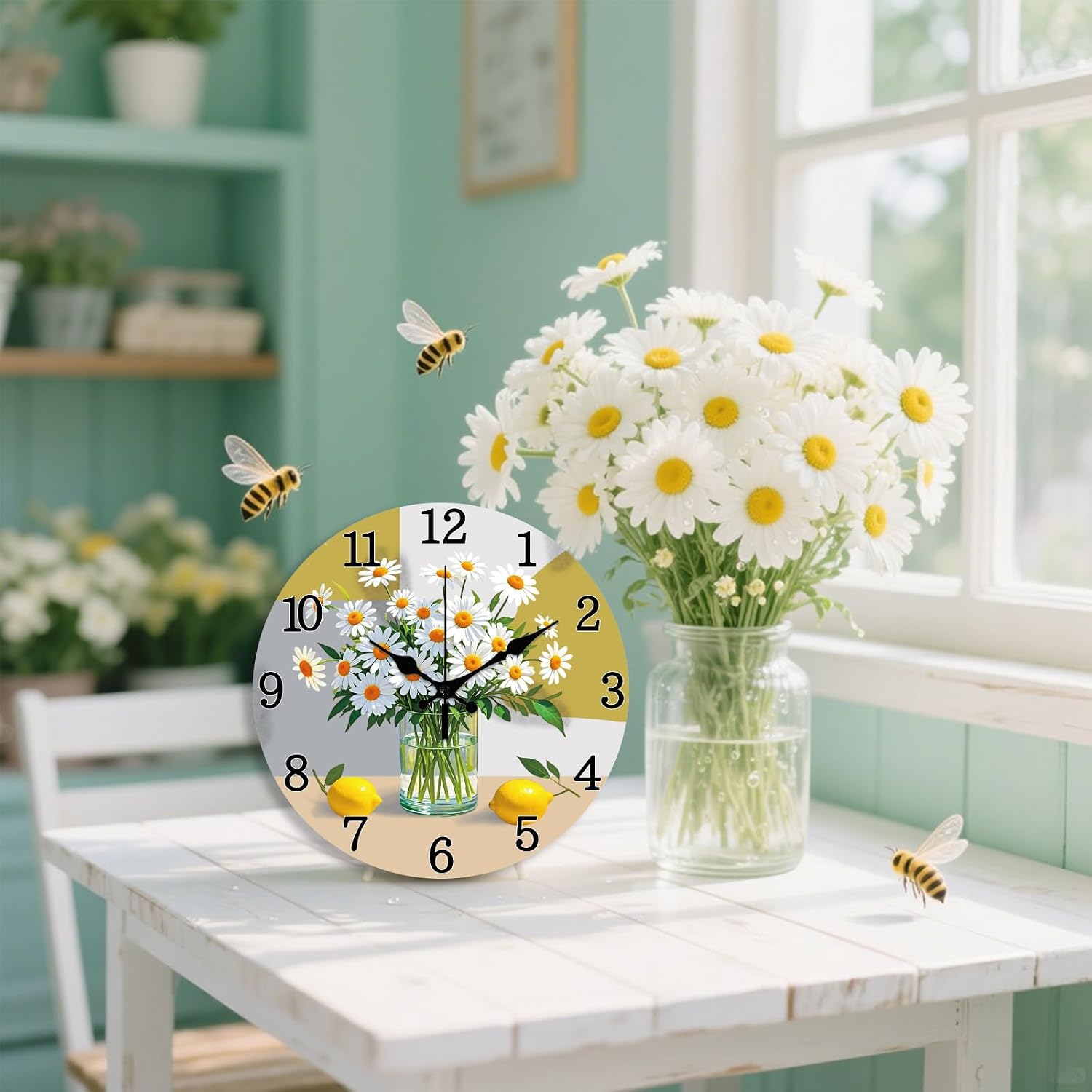 CHGCRAFT Daisy Wall Clock 12 Inch Lemon Clock Battery Operated Silent Non Ticking Round Decorative Clocks for Home Office Decoration