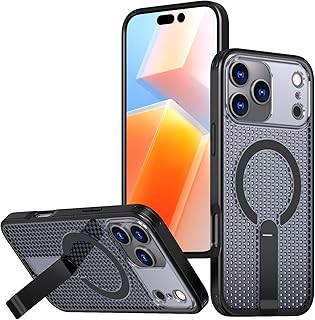 放熱 iPhone17 対応 ケース Magsafe対応 縦置き スタンド付き アイフォン17 用 カバー メッシュ 放熱ケース 耐衝撃 薄型 軽量,黒