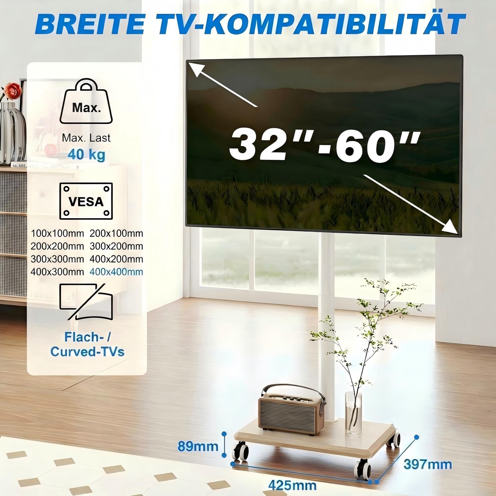 5Rcom Universal TV Ständer Rollbar mit Holzbasis für 27-60 Zoll Fernseher, Fernsehständer mit Rollen, Höhenverstellbarer und Schwenkbar, Mobiler TV Standfuß bis 40kg, Max. VESA 400x400mm (Beige)