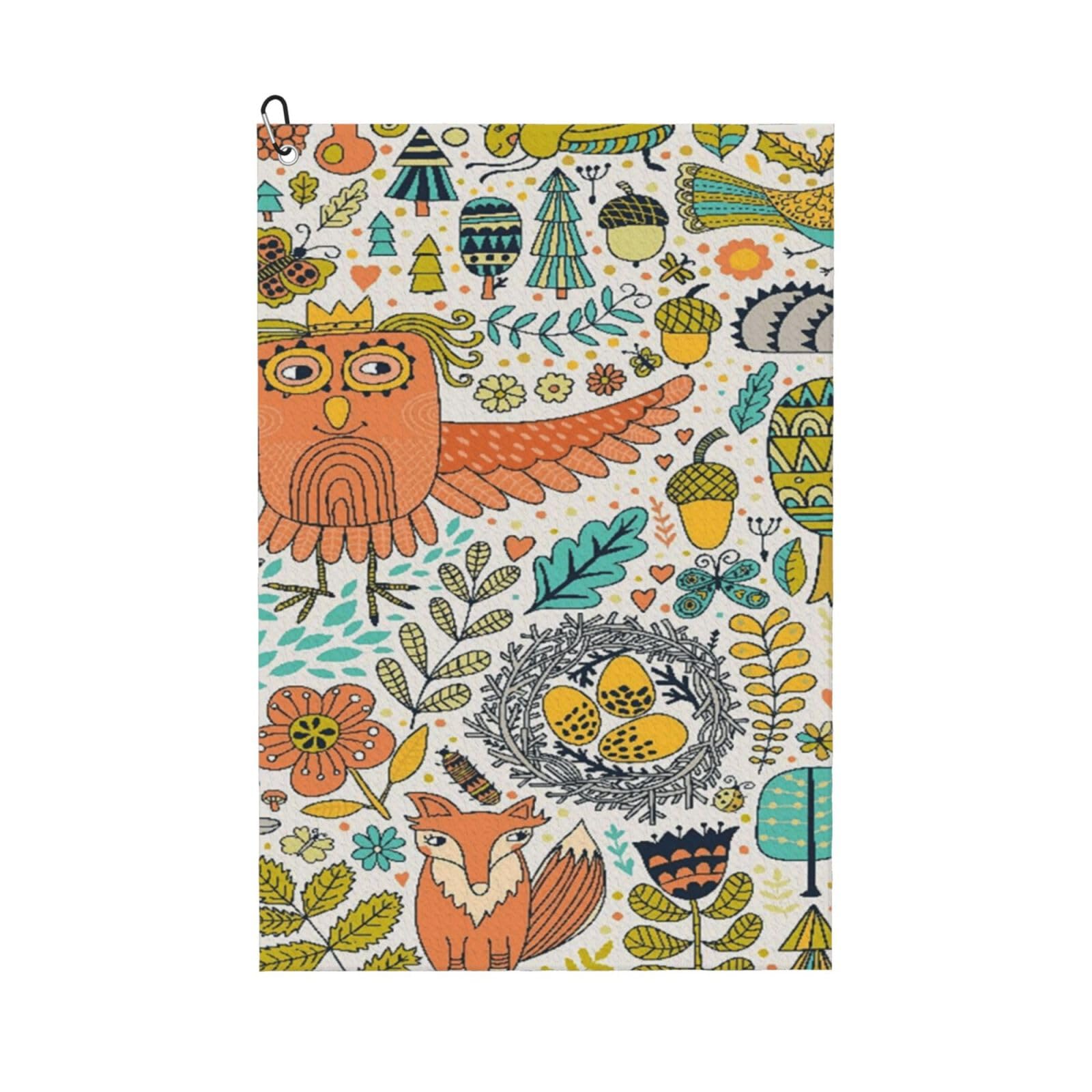 Oudrspo Animal Owl Fox Frog Hedgehog Bird Microfiber Golf Towel with Carabiner Clip, 16x24 Inch Absorbent Waffle Weave Towel for Golf Bags