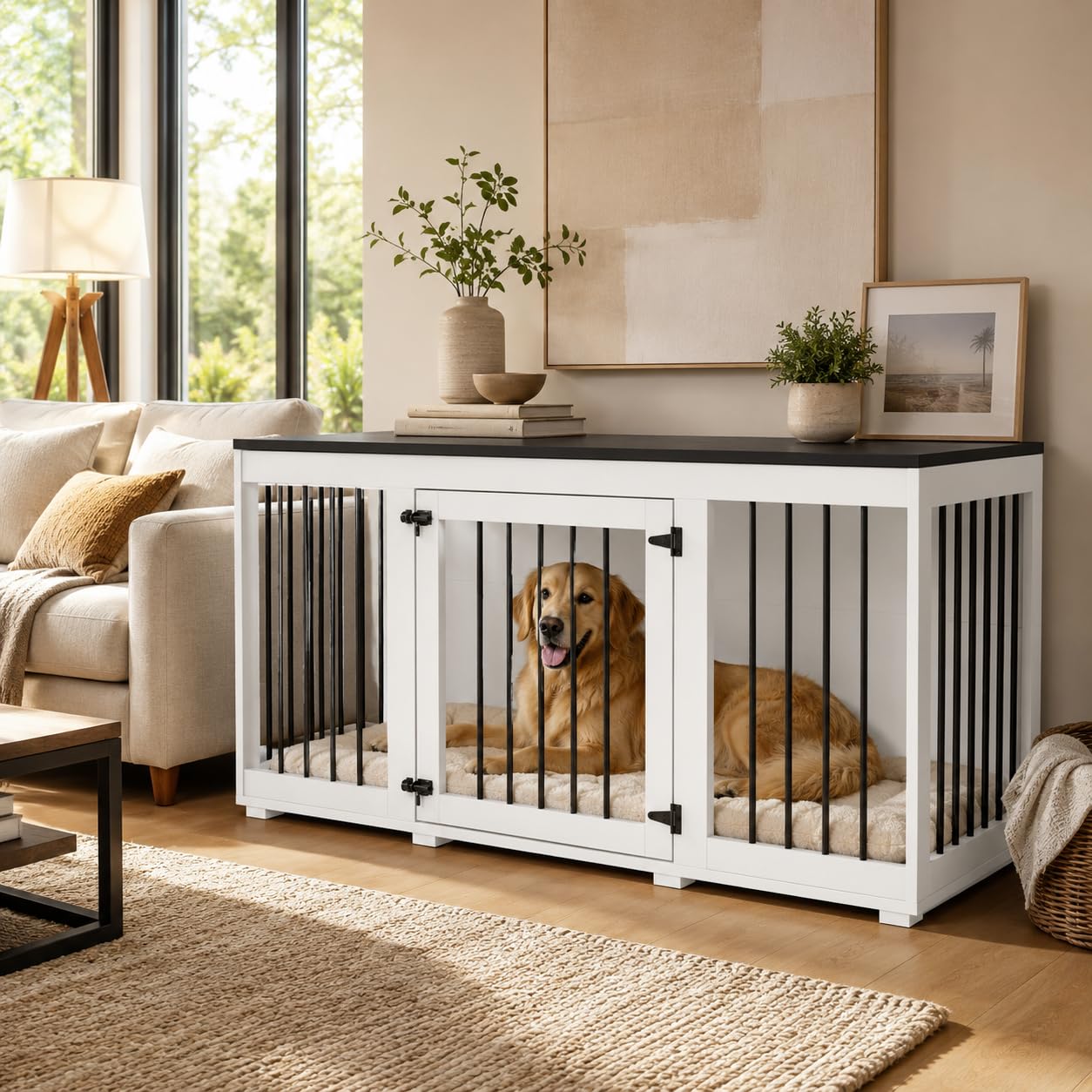 Hundekäfig, Hundekäfig, Möbel, Hundehütte für Zuhause, Hundehaus für drinnen, Hundebox mit Tür Hundekissen, für große mittelgroße kleine Hunde, MDF + Eisen, 136 x 70 x 56 cm, weiß
