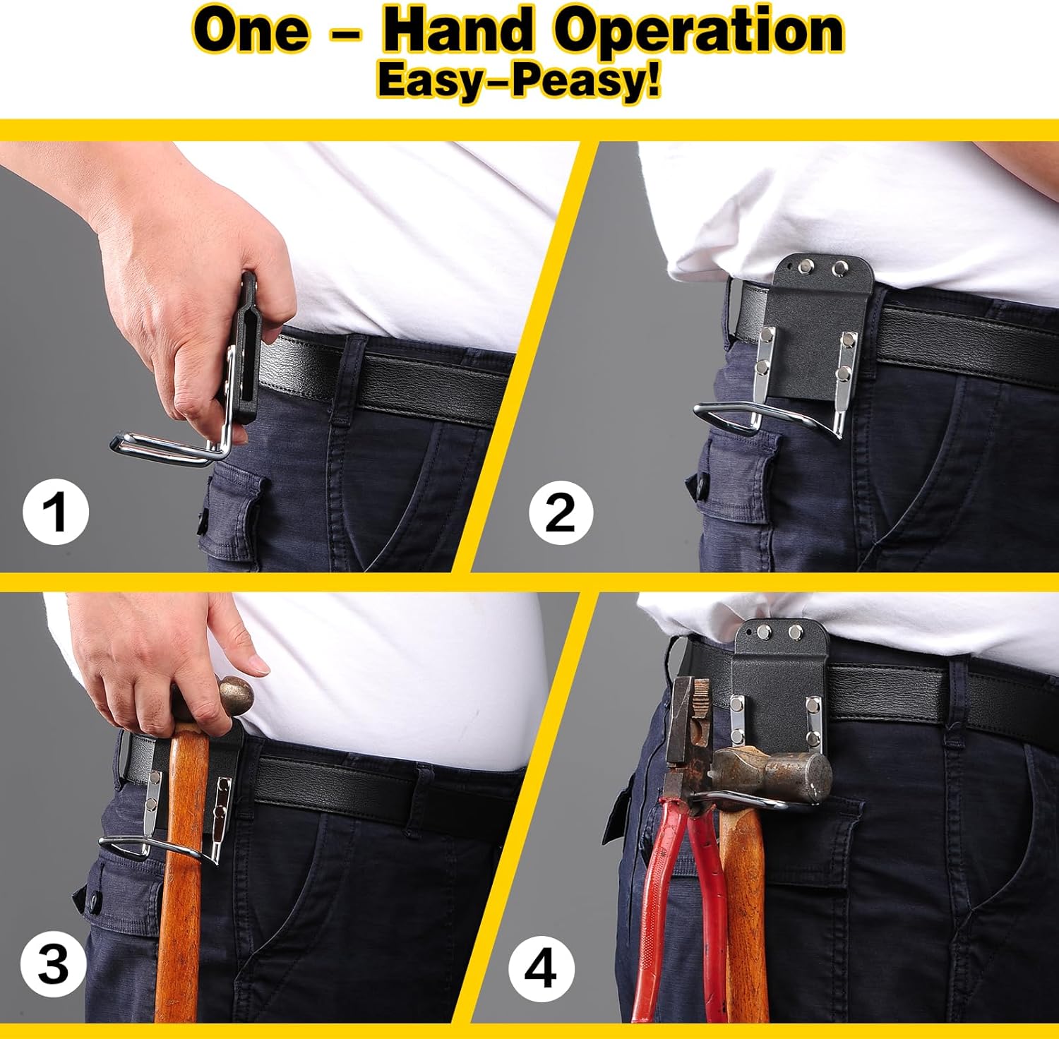 Tape Measure Holder Tool Belt Clip, Drill Holder for Tool Belt, Belt Tool Holder Fits Up to 2" Belts, Belt Clip Holster with Drill Clip & Short Screw Accessory - 1 Hand Easy Peasy