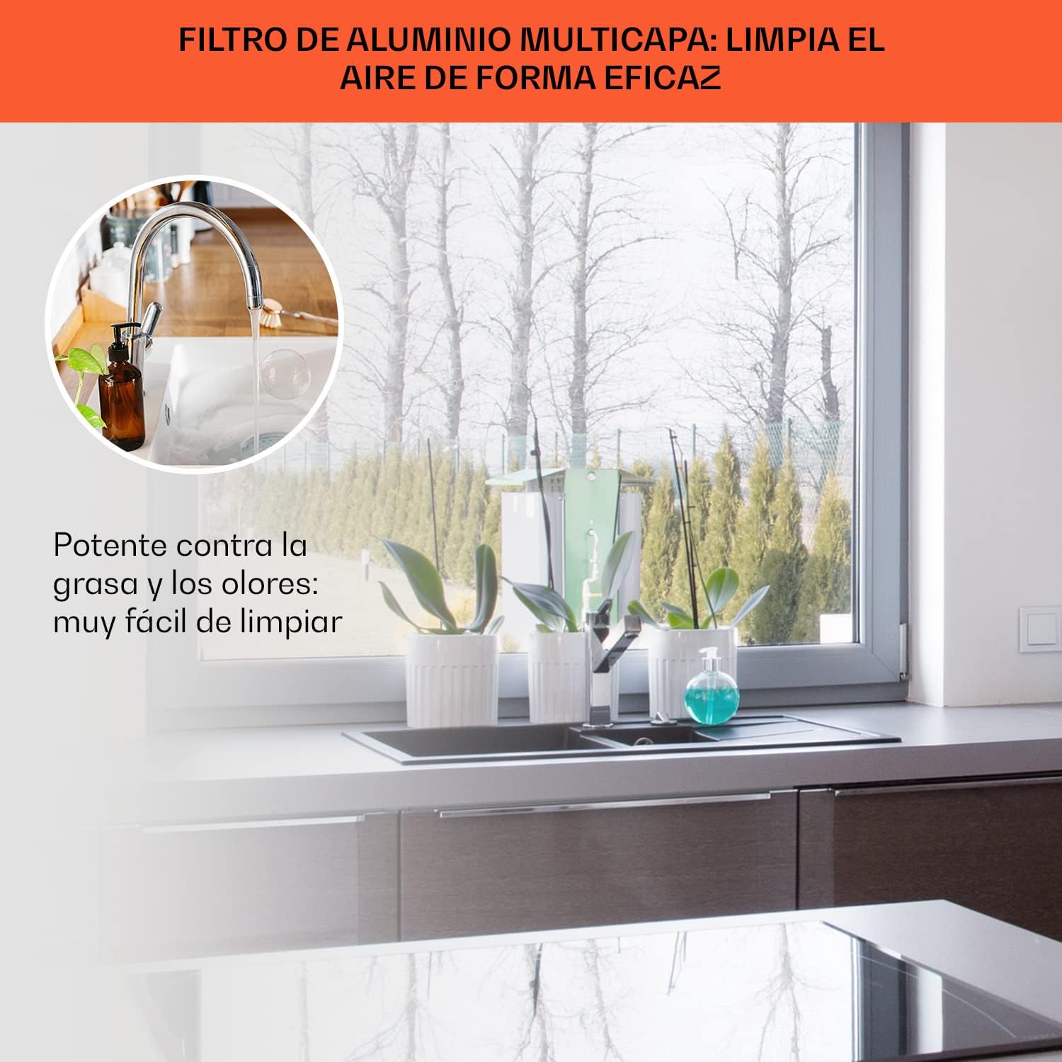 Vista inferior de la campana mostrando filtros y estructura suspendida