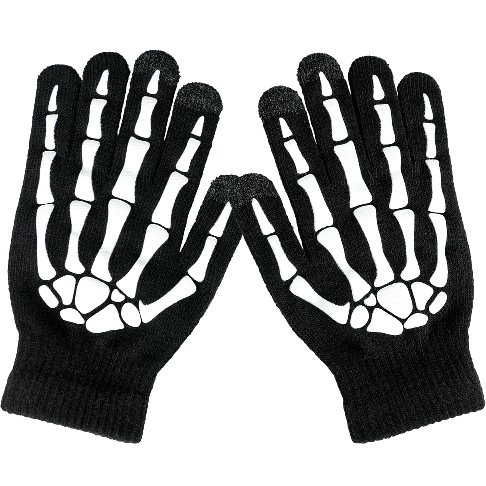 LousyeLuminous Halloween Costume Skull Gloves,Thickened Skeleton Gloves with Touch Screen,Stretch Knit Winter Warm Novelty Gloves