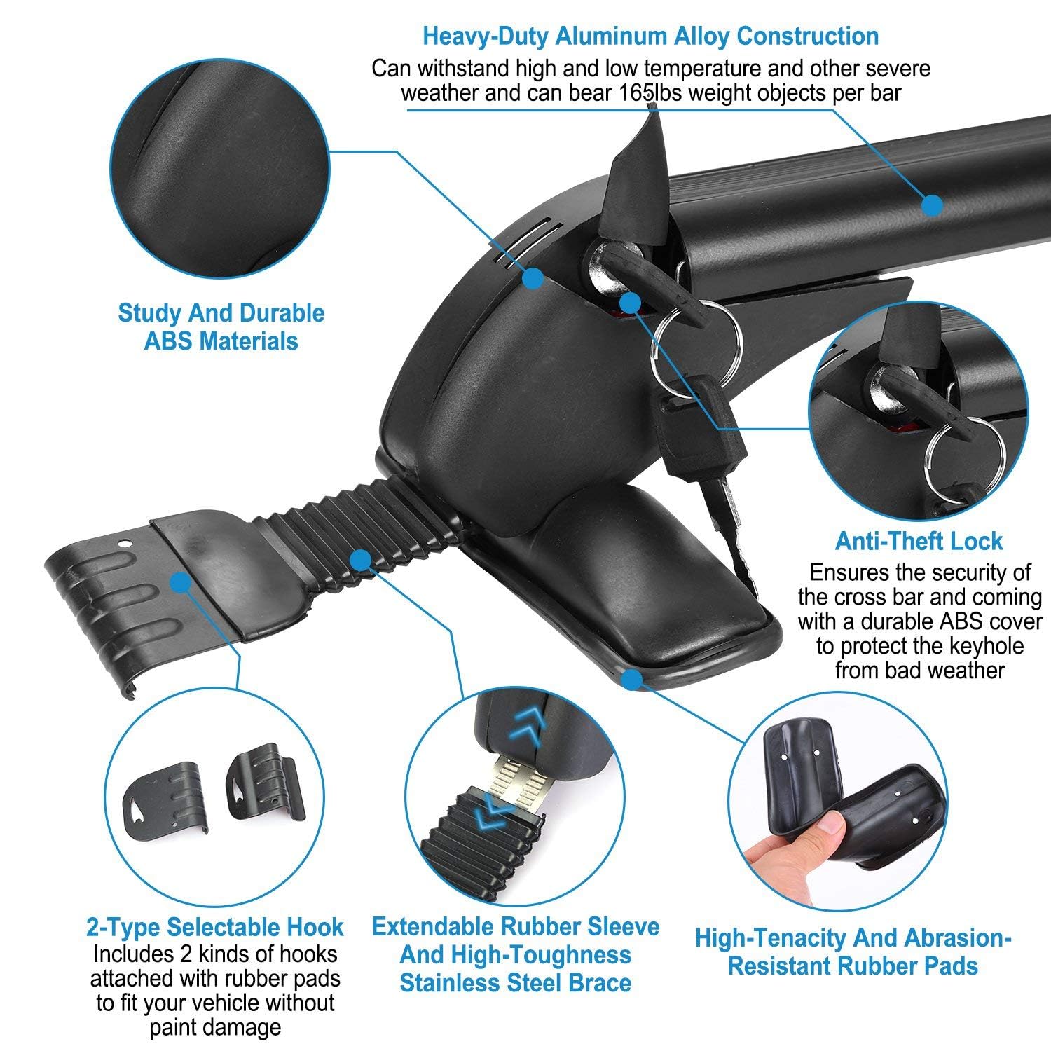 Universal Roof Rack Cross Bars, 43" Aluminum Lockable Car Top Crossbars with Anti-Theft Lock, Adjustable Window Frame for 42.9-44.9inch Bare Roof Kayak Bike Cargo Luggage Rooftop, 165LBS Load