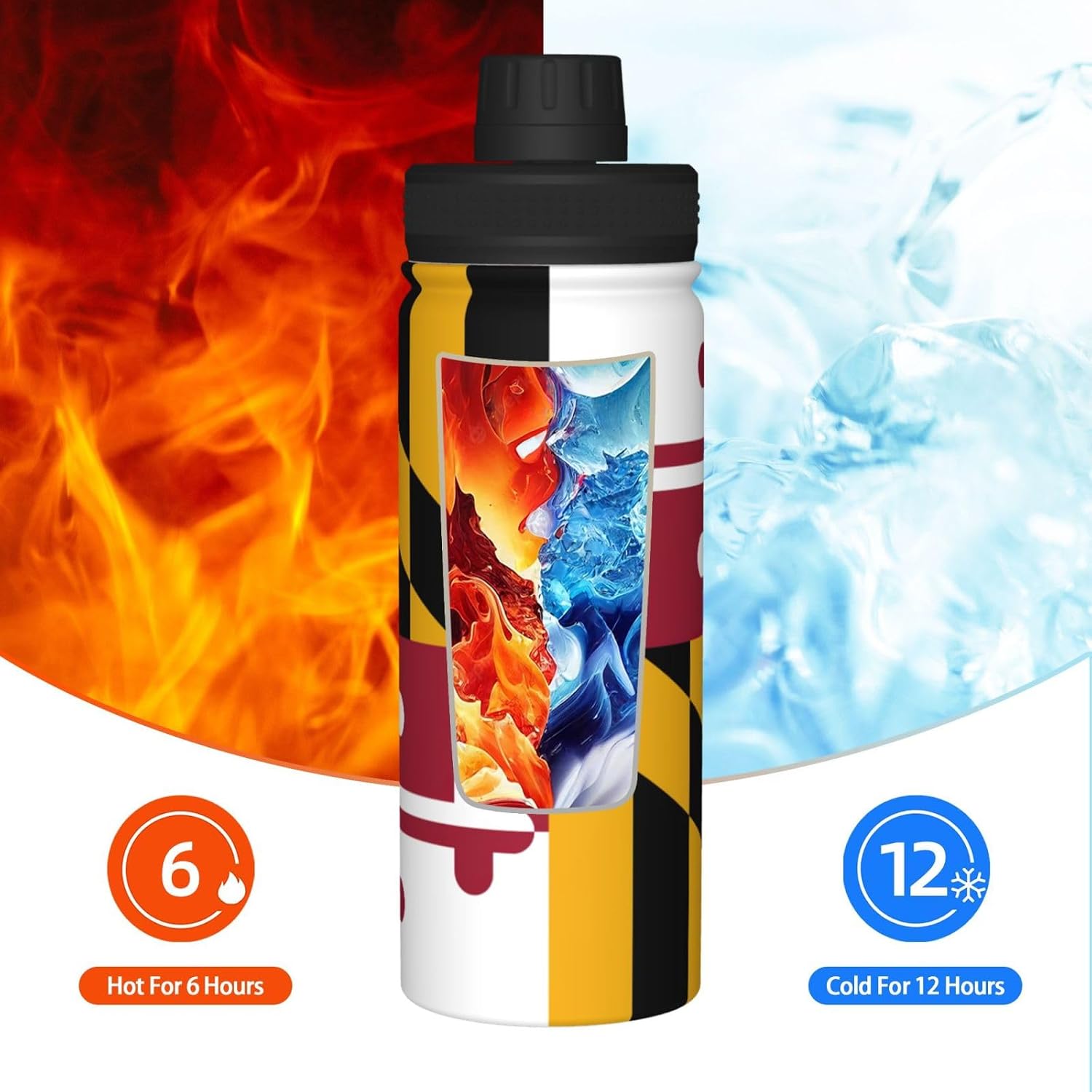 Maryland State Flag Printed Vacuum Insulated Water Bottle, 18OZ Stainless Steel Kettle, Single-Hand Operation Lid