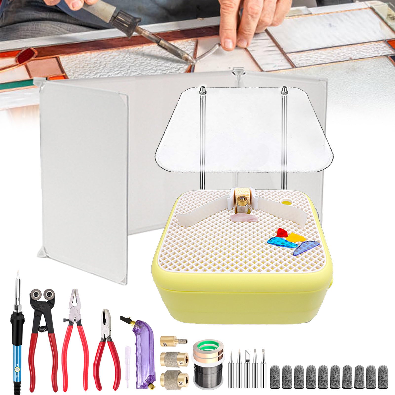 TIANQIHAO Tool Kit Professional 14Pcs Stained Glass Start-Up Tool Set,Include Desktop Power Glass Grinder&Glass Cutter Tool Kit&Soldering Iron Kit&Consumables,Yellow