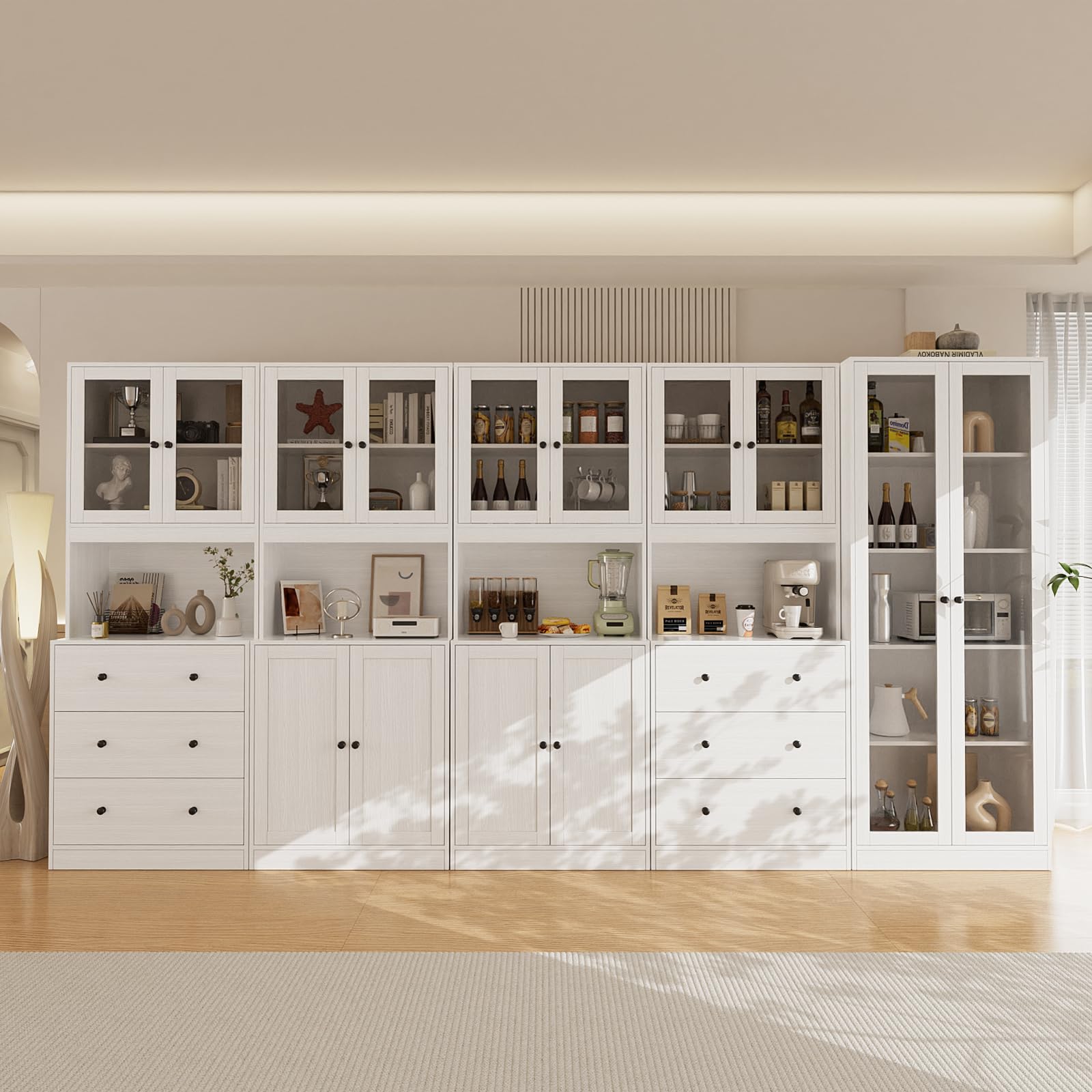 VOWNER 5PCS Bookshelf and Bookcase, 5-Tier Modern Bookshelves with 3 Large Drawer, Glass Display Cabinet with Lager Storage Shelf, Combination Storage