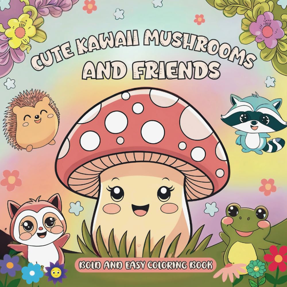Cute Kawaii Mushrooms Bold and Easy Coloring Book: Big Simple Designs For Adults, Seniors & Kids