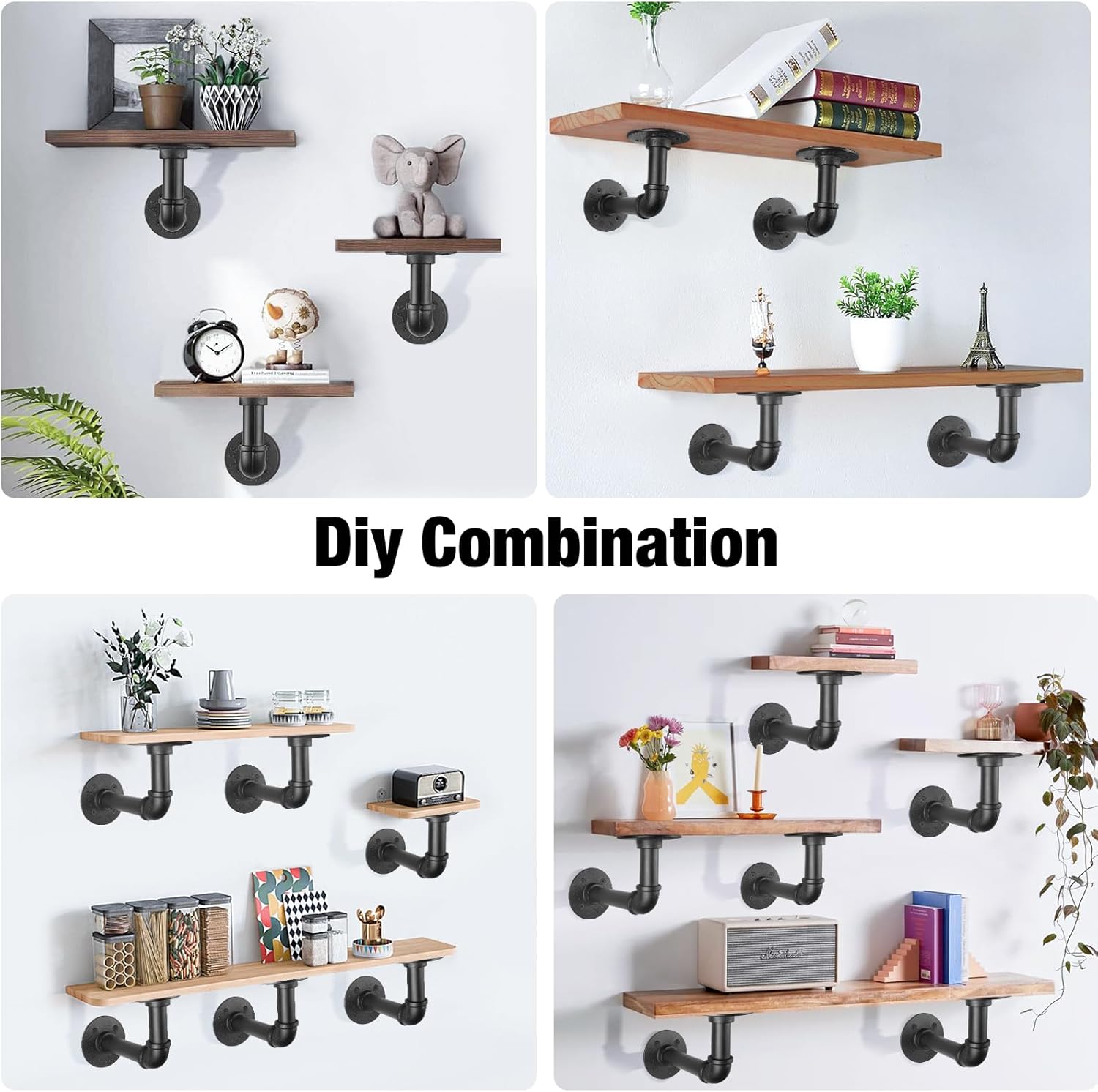 3/4" Industrial Pipe Shelf Brackets (6 Pack Black) for 8 10 12 Inches Board, Black Iron Floating Shelf Brackets Heavy Duty Industrial DIY L Shaped Pipe Brackets for Wood Floating Shelving