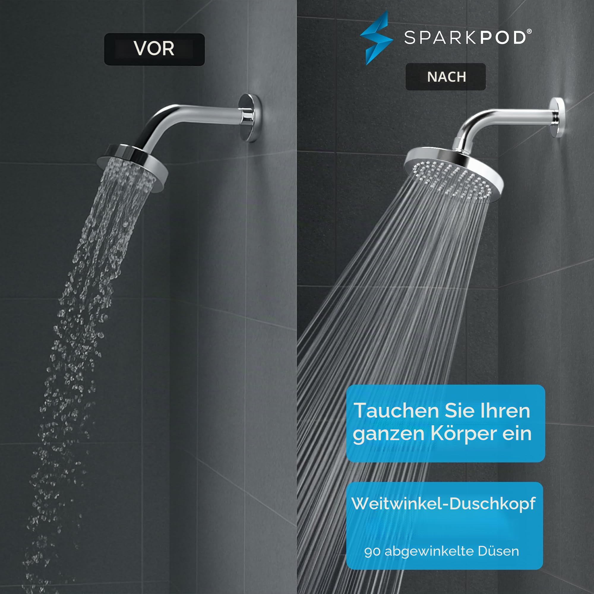 SparkPod Feststehender Duschkopf mit Hochdruck Regen Funktion - Einfache Werkzeugfreie Installation - Verstellbarer Ersatz Duschkopf - Regenduschkopf mit Filter - Brause - Dusche (Chrome, 15cm Round)