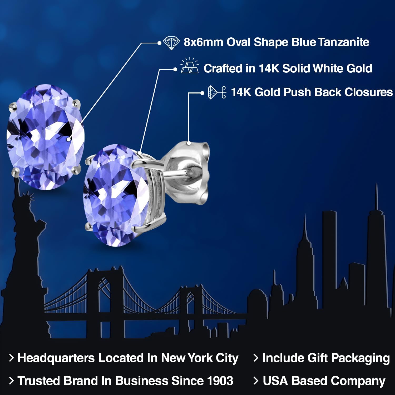 Gem Stone King 14K White Gold Blue Tanzanite Stud Earrings for Women Men | 2.32 Cttw | Gemstone December Birthstone | Oval 8X6MM | Fine Jewelry Gifts for Her Mom Women Wife - Image 2