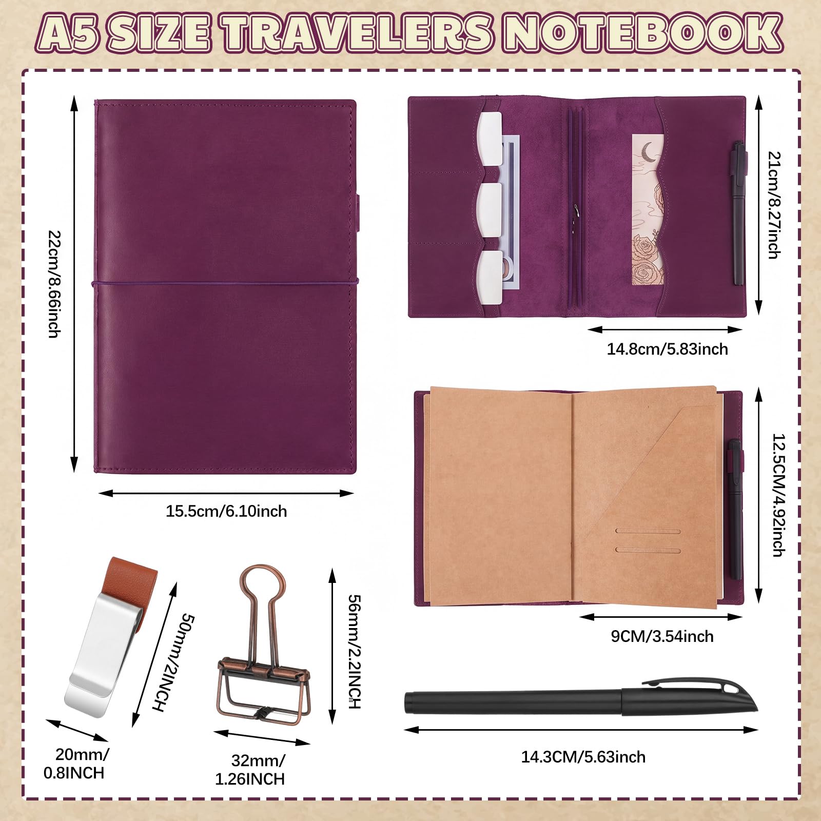 Eaasty Copertina per diario di viaggio in pelle A5 con tasche interne, scomparti per carte di credito e portapenne, inserti per diario di viaggio, cartella in PVC, clip per raccoglitore ed elastici